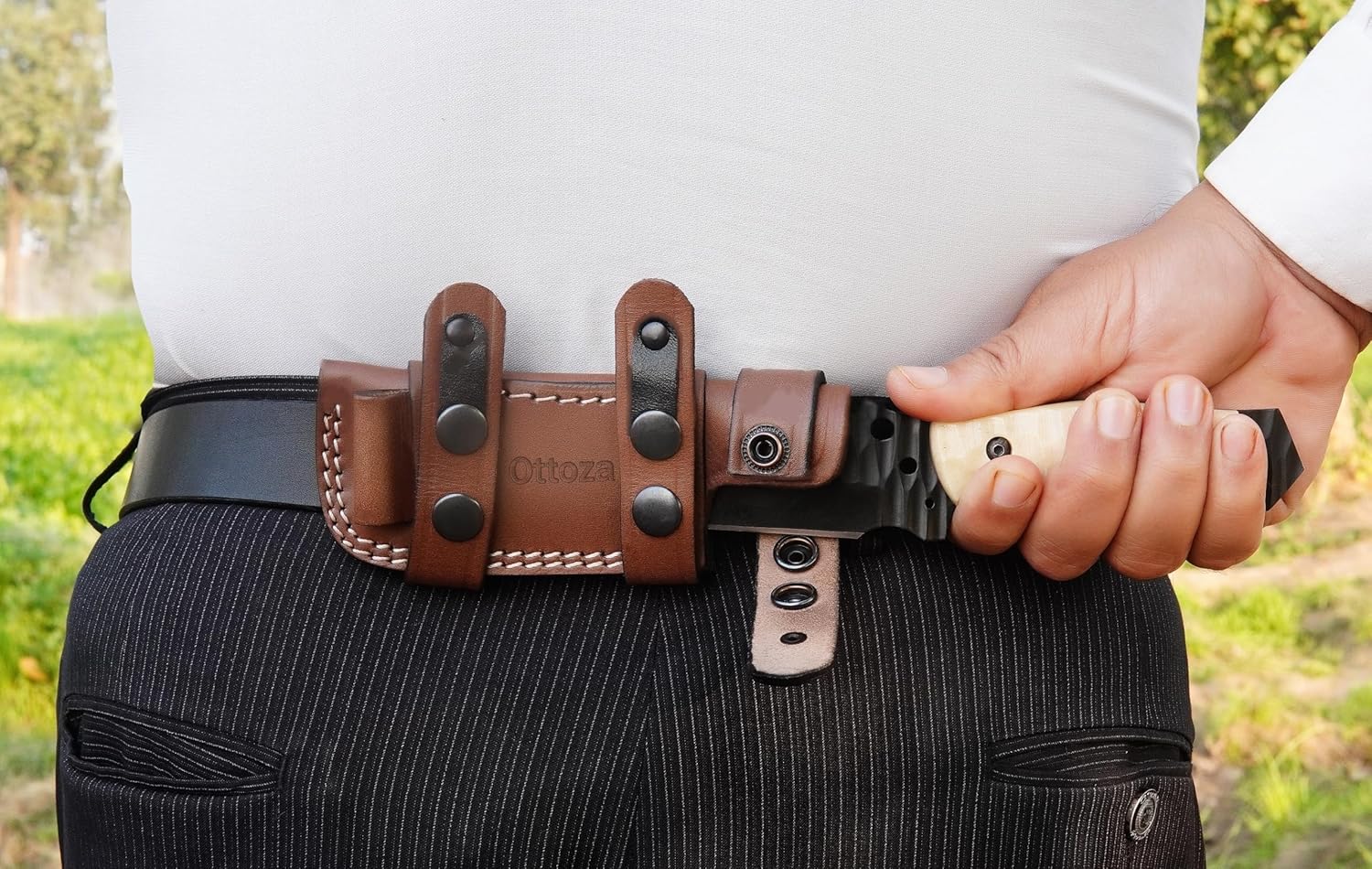 Ottoza Tanto Tactical Knife with Fixed Blade and Horizontal Carry Leather Sheath - Compact Military EDC Knife - Bone Handle 379