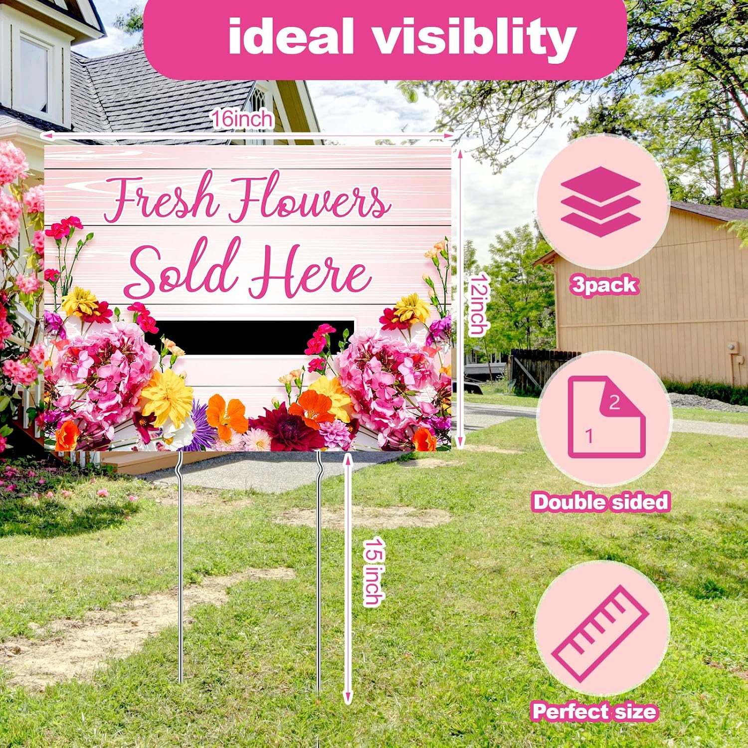 Kathfly 3 Pcs Fresh Flowers Sold Here Yard Sign 16"x12" Directional Arrow Yard Signs with Metal Stand for Floral Flower Shops Gardens Street Vendors, Double Sided Print Waterproof