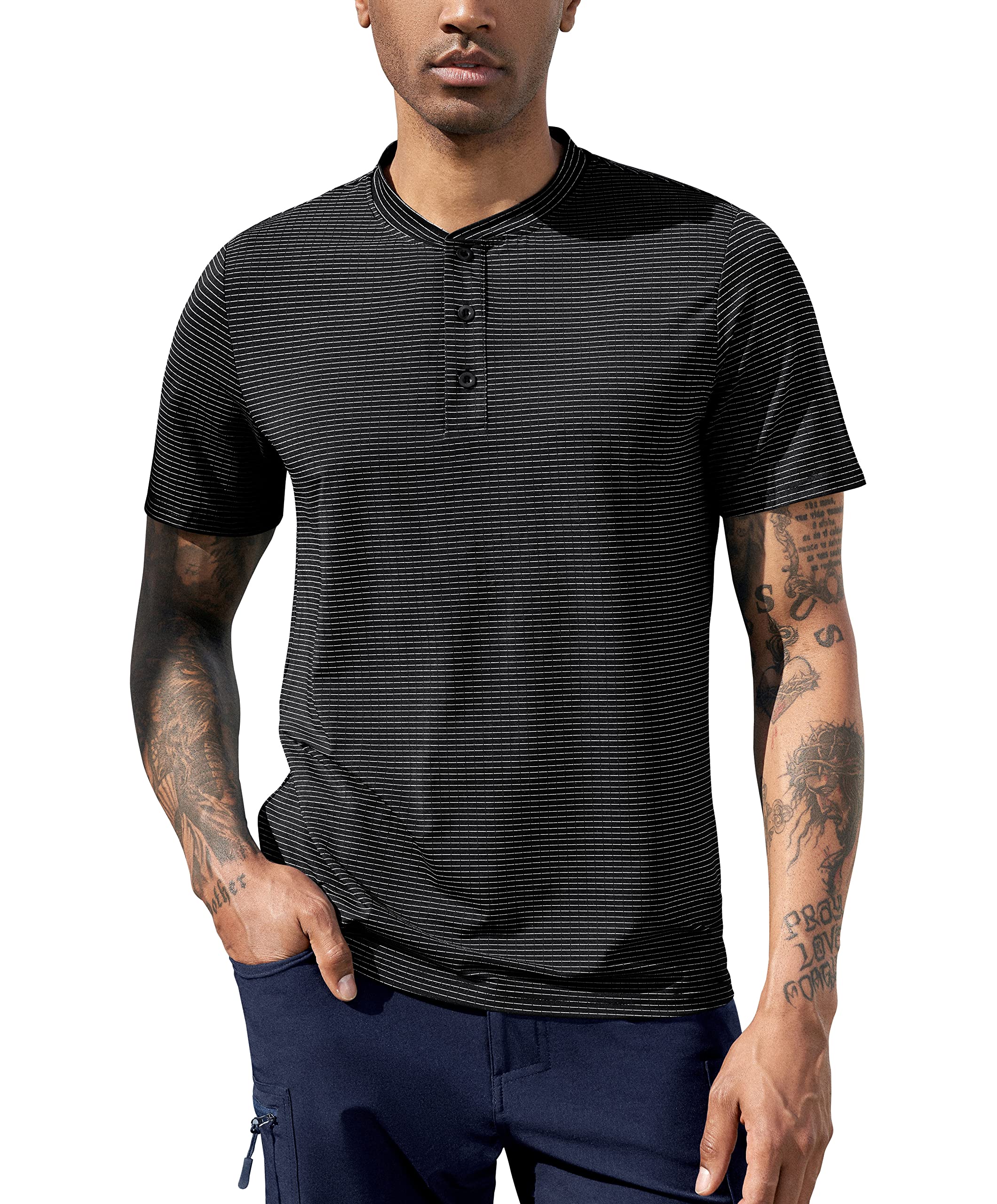 TAPULCO Mens Collarless Golf Polo Shirts Summer Dry Fit Tech Performance Casual Athletic Sports Outdoor Hiking Fishing Tshirts Stripe Black Medium