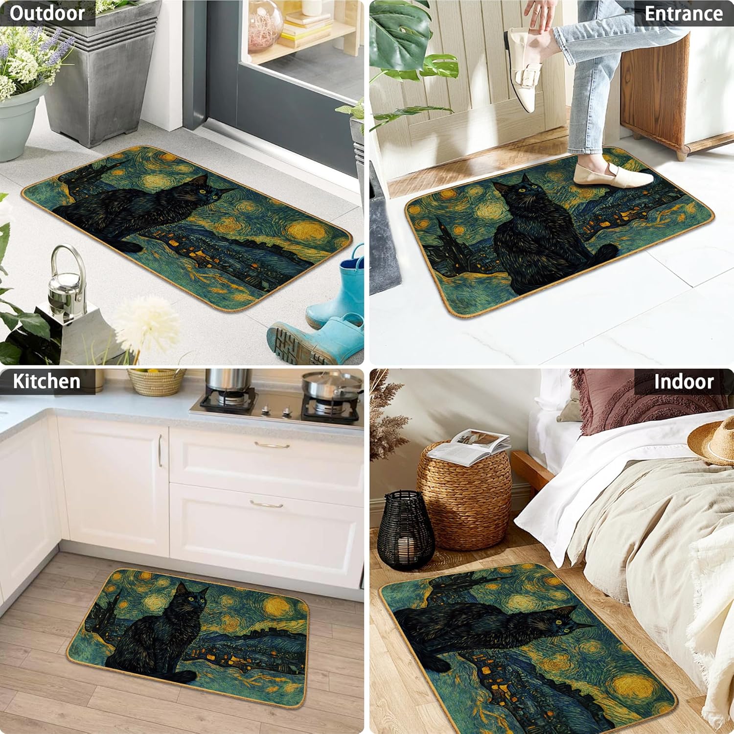 Starry Night Cat Doormat Outdoor Entrance,Abstract Van Gogh Front Door Mat Decorative Indoor Outdoor Non-Slip Entryway Rug for Home Entrance Outside Entry Floor Patio 17x29 Inch