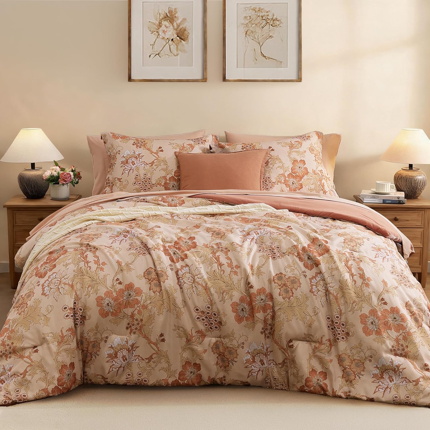 BLOOMHAVEN Queen Comforter Set -7 Pieces Terrecotta Floral Comforter Set for All Seasons, Bed in a Bag Queen with Botanical Flowers Comforter, Sheets, Pillowcases & Shams