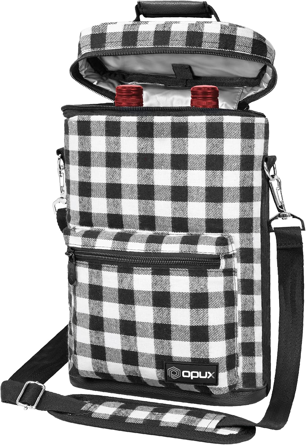 opux 2 bottle wine tote carrier, insulated cooler bag for travel picnic, leakproof padded case, wine gifts for women & men, plaid buffalo white one size buffalo plaid white