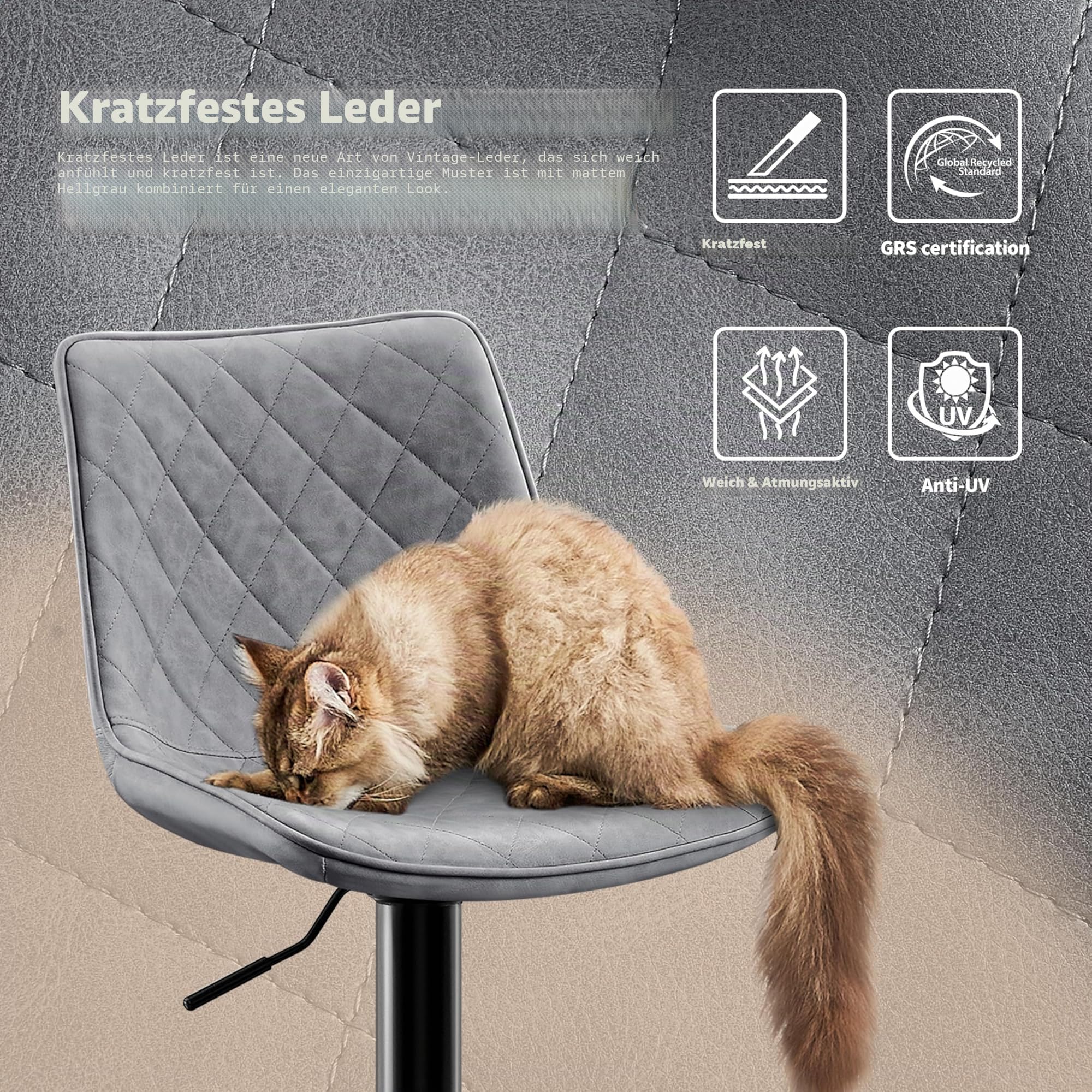 STOOLINK Barhocker 2er Set Höhenverstellbar mit Mikrofaser-Leder, Barstuhl mit Lehne, Tresenhocker Drehbar, Bistrohocker Designer, Barstühle für Küche, Theke, Bar-Grau