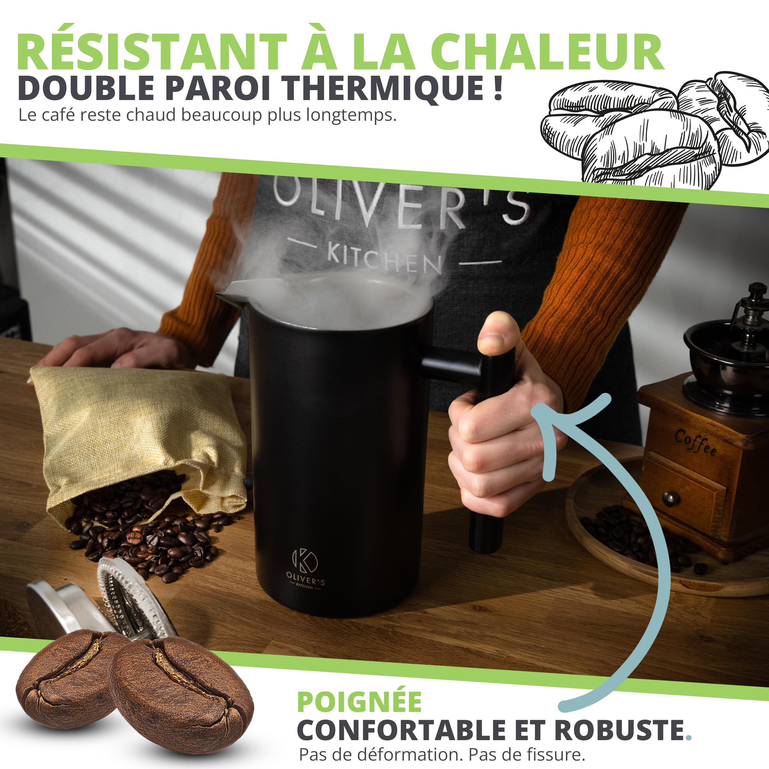 Oliver's Kitchen ® Cafetière à Piston Isotherme à Double Paroi de Qualité Supérieure - Noir - 1 litre