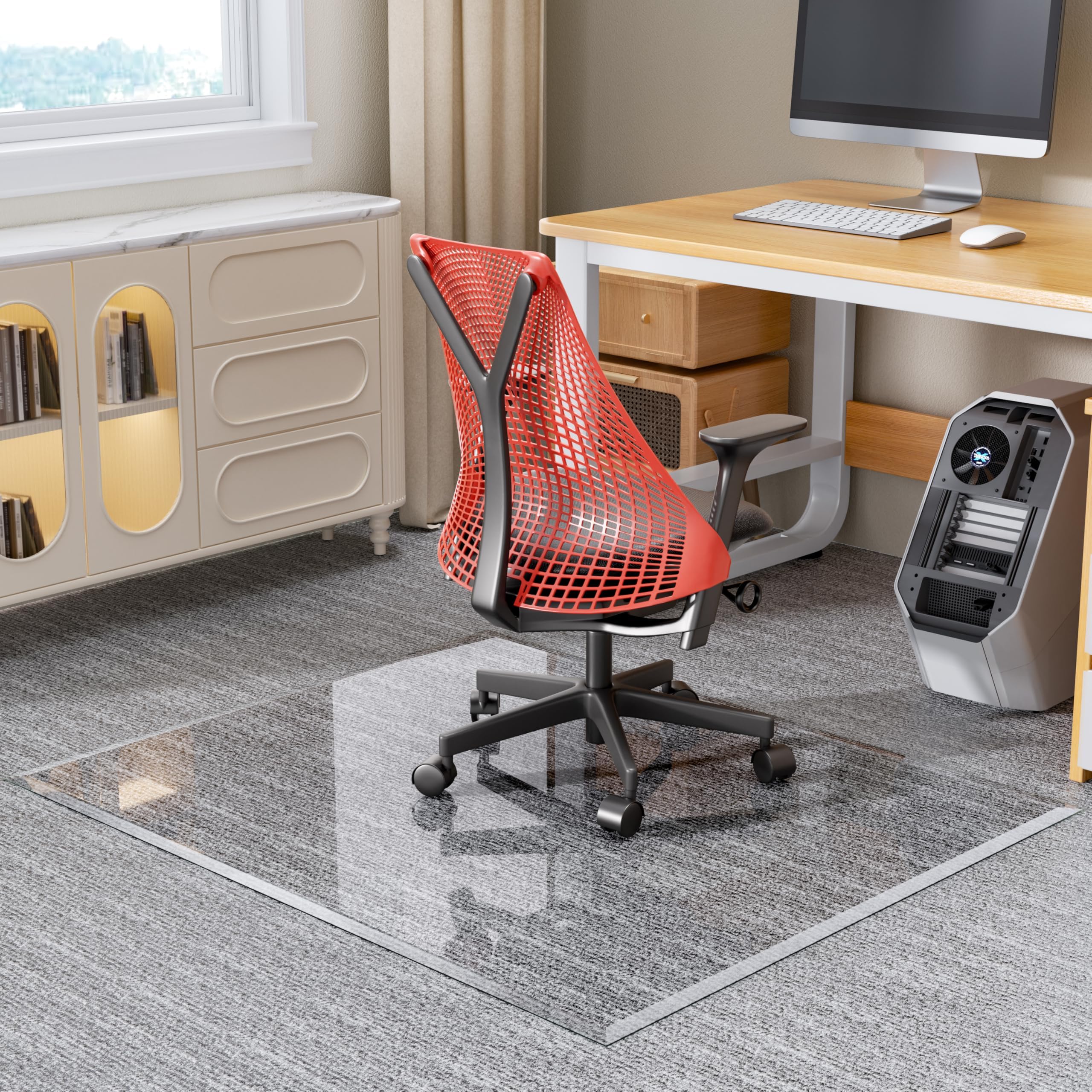 [Tempered Glass] 140 x 116cm Beveled Edge Glass Chair Mat with Polished Edge Clear Office Chair Mat, Glides Smoothly, Suitable for Carpet or Hardwood Floors — image 1