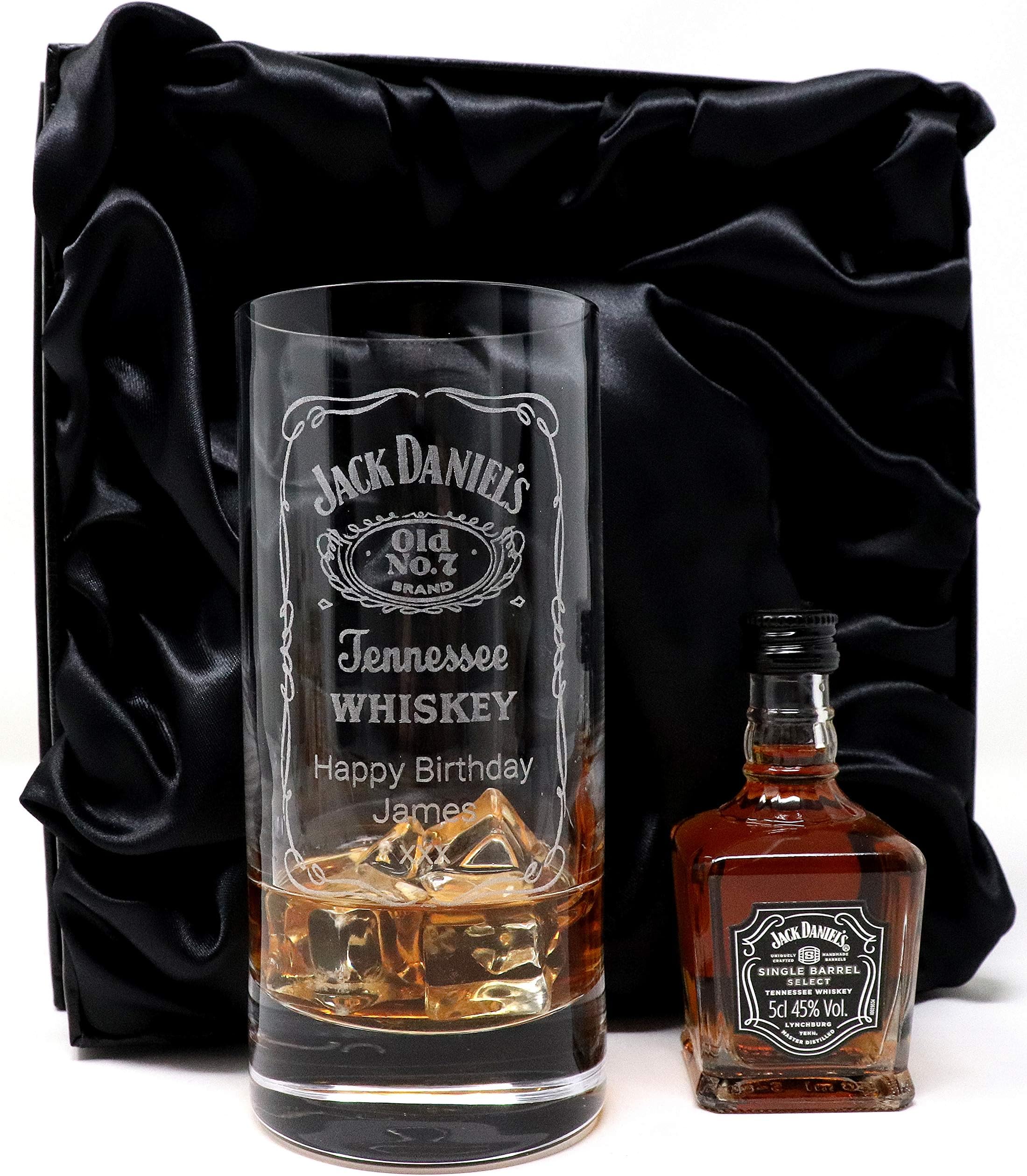 Personalised Premium Highball & Miniature - Jack Daniels Label Design (Jack Daniel's Single Barrel Tennessee Whiskey, Silk Lined Gift Box)