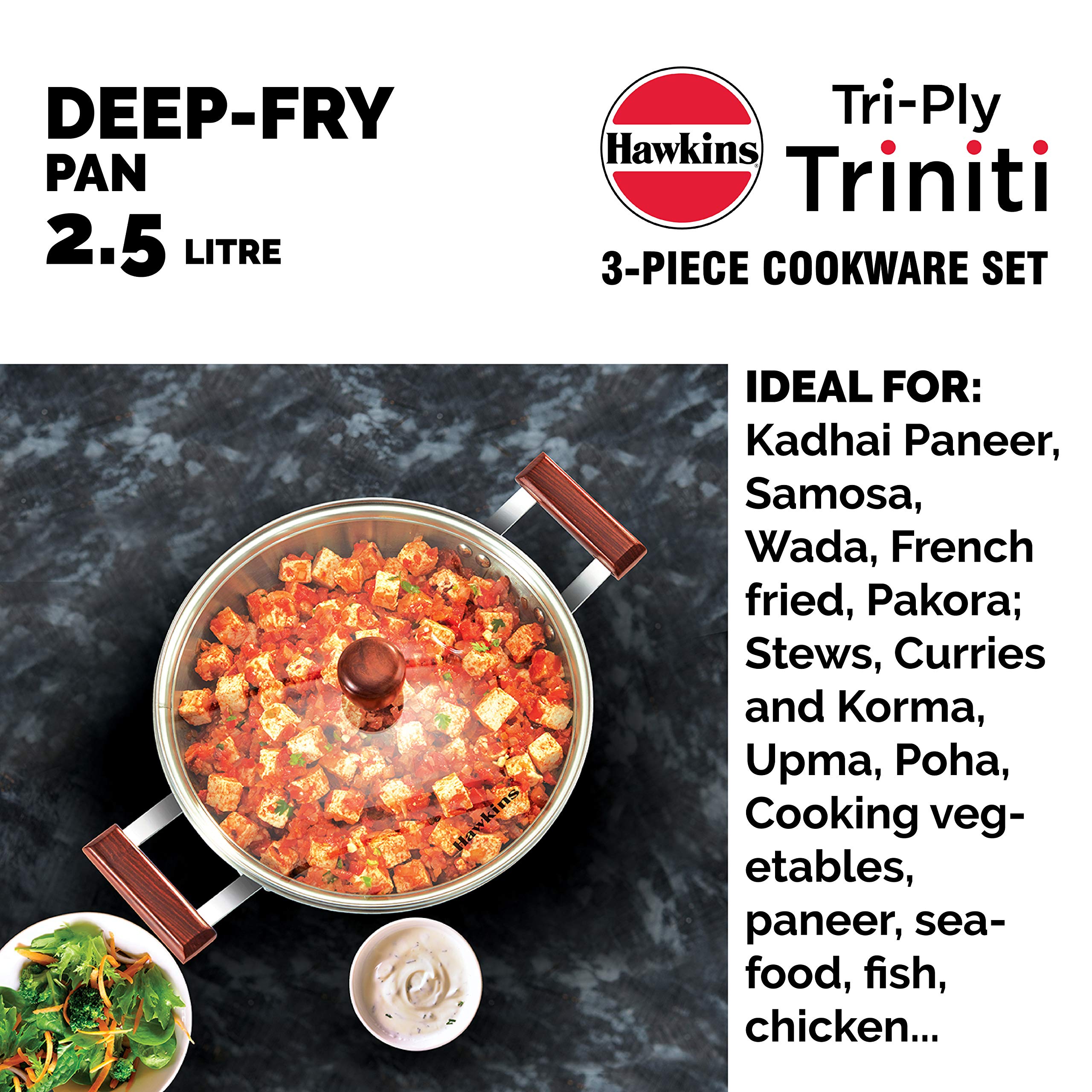 Hawkins Triniti 3 Pieces Triply Stainless Steel Cookware Set 1 - Frying Pan, Tava, Deep-Fry Pan with Glass Lid, Silver (SSET1) 2