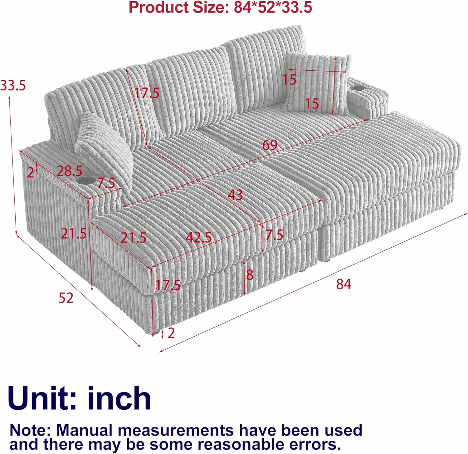 84" Oversized Double Chaise Lounge Indoor, Modern Comfy Corduroy Sectional Couch with Ottoman Loveseat Sleeper Sofa Bed with Cup Holder, Home Sofa Living Room, Apartment (Green)
