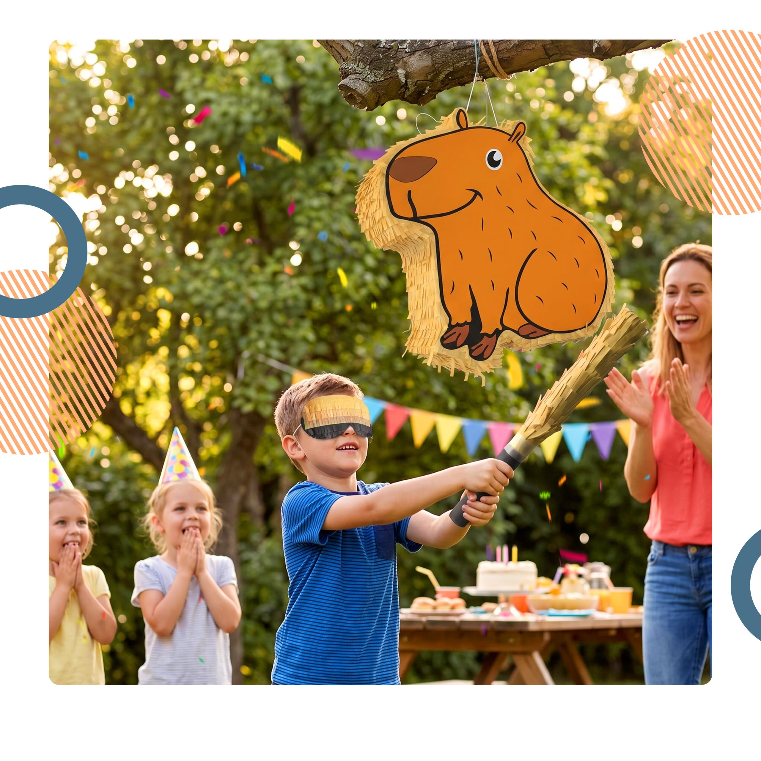 Relaxdays Piñata Capybara, Set 3 pcs, 35 x 38 x 6,5 cm, à Suspendre, bâton et Masque, Non garnie, Marron