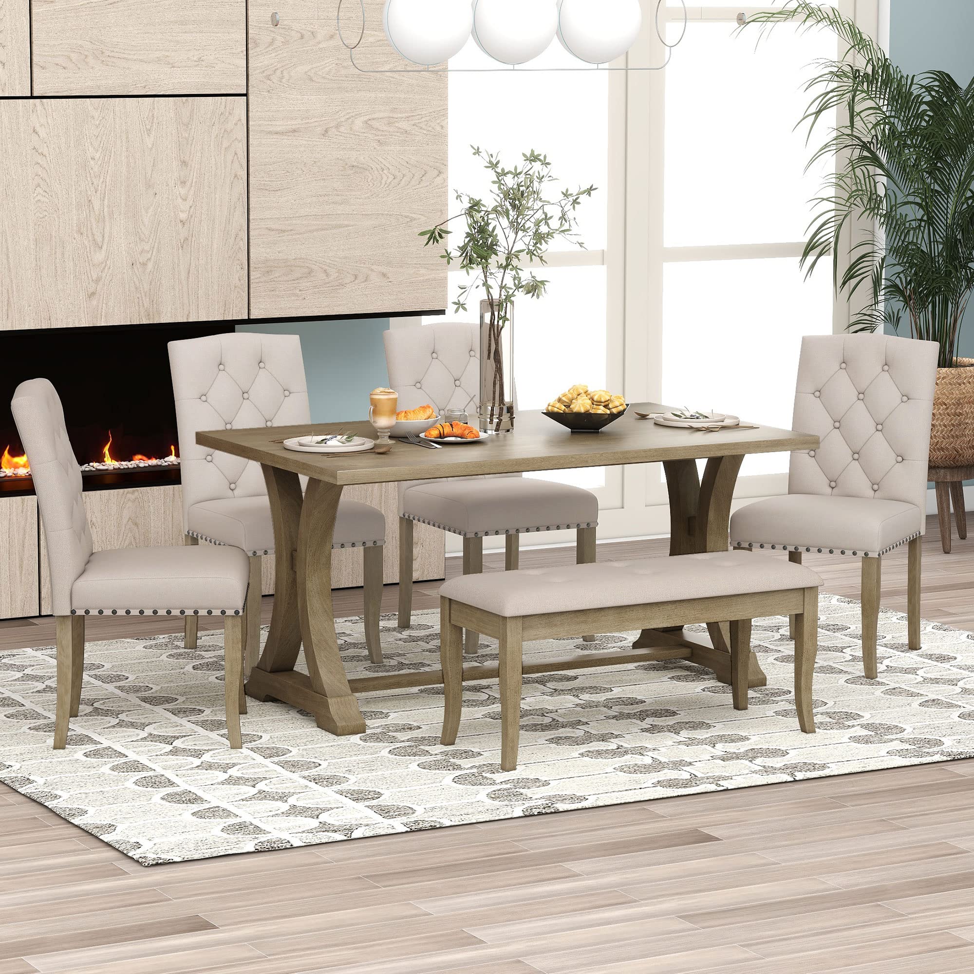 KHZY77 4-Piece , Farmhouse Style Solid Kitchen Dining Set,4 Upholstered Chairs with Bench,Easy to Assemble,for Living,Guest Room,Natural Wood Wash