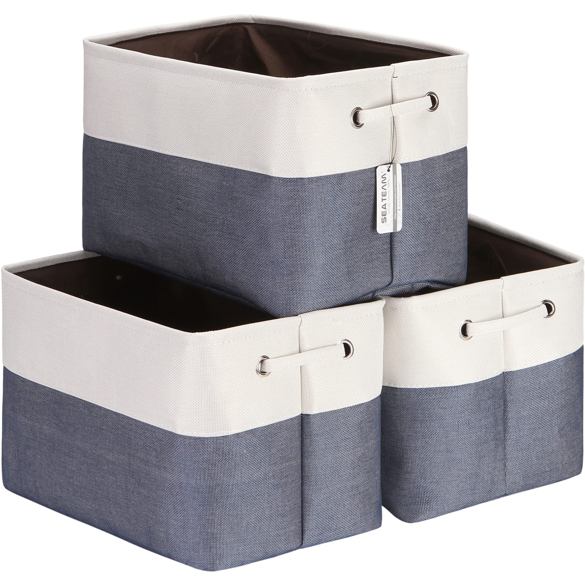 Sea Team 3-Pack Large Storage Basket Set, Trunk Organizer, Clothes Toys Bin, 15 x 10 x 10 Inches, Big Rectangular Canvas Fabric Collapsible Shelf Box