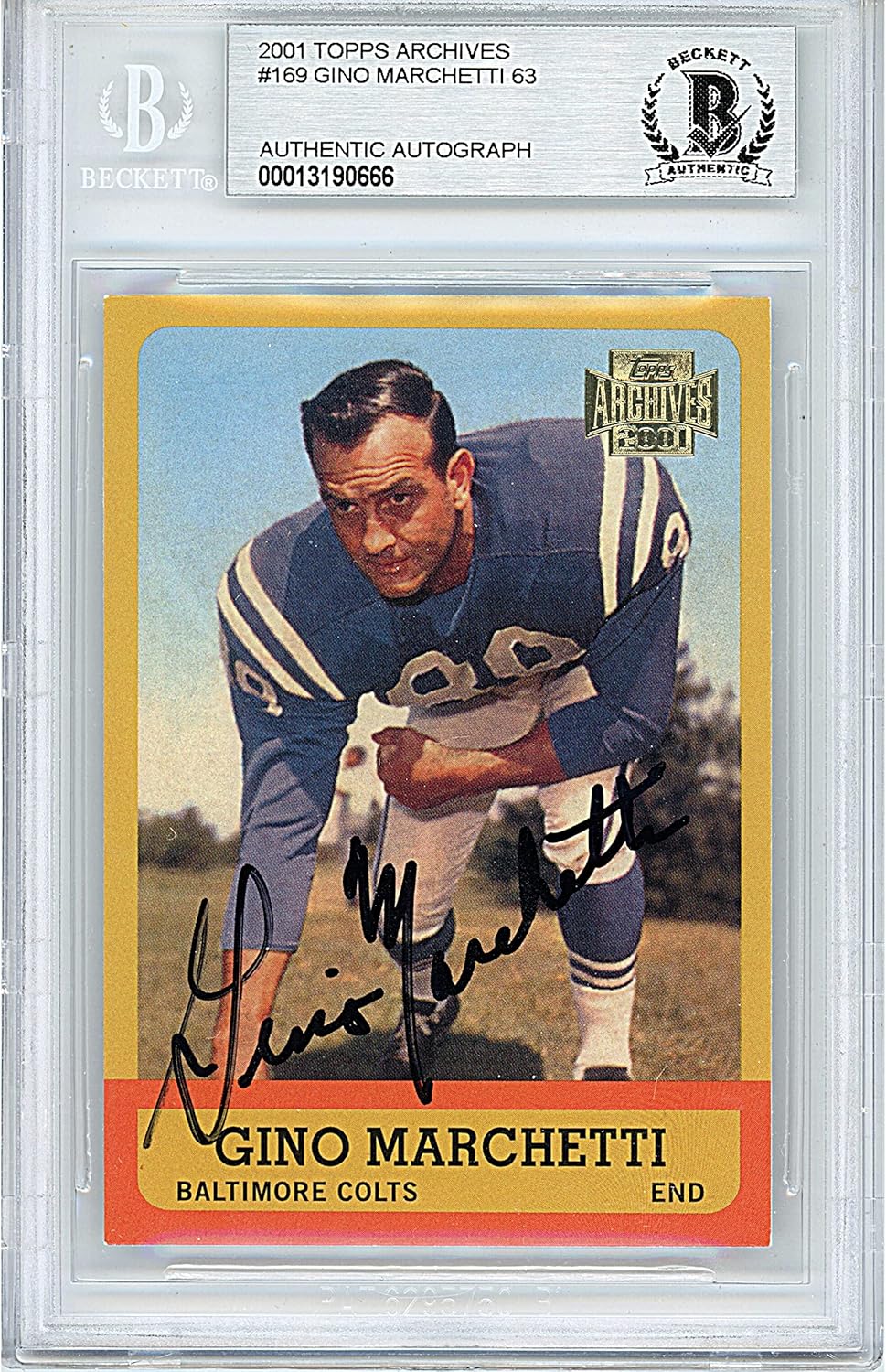 Gino Marchetti Autographed 2001 Topps Archives 1963#169 Football Trading Card Slab Beckett BAS Authentic Slabbed COA Played For Baltimore Colts NFL