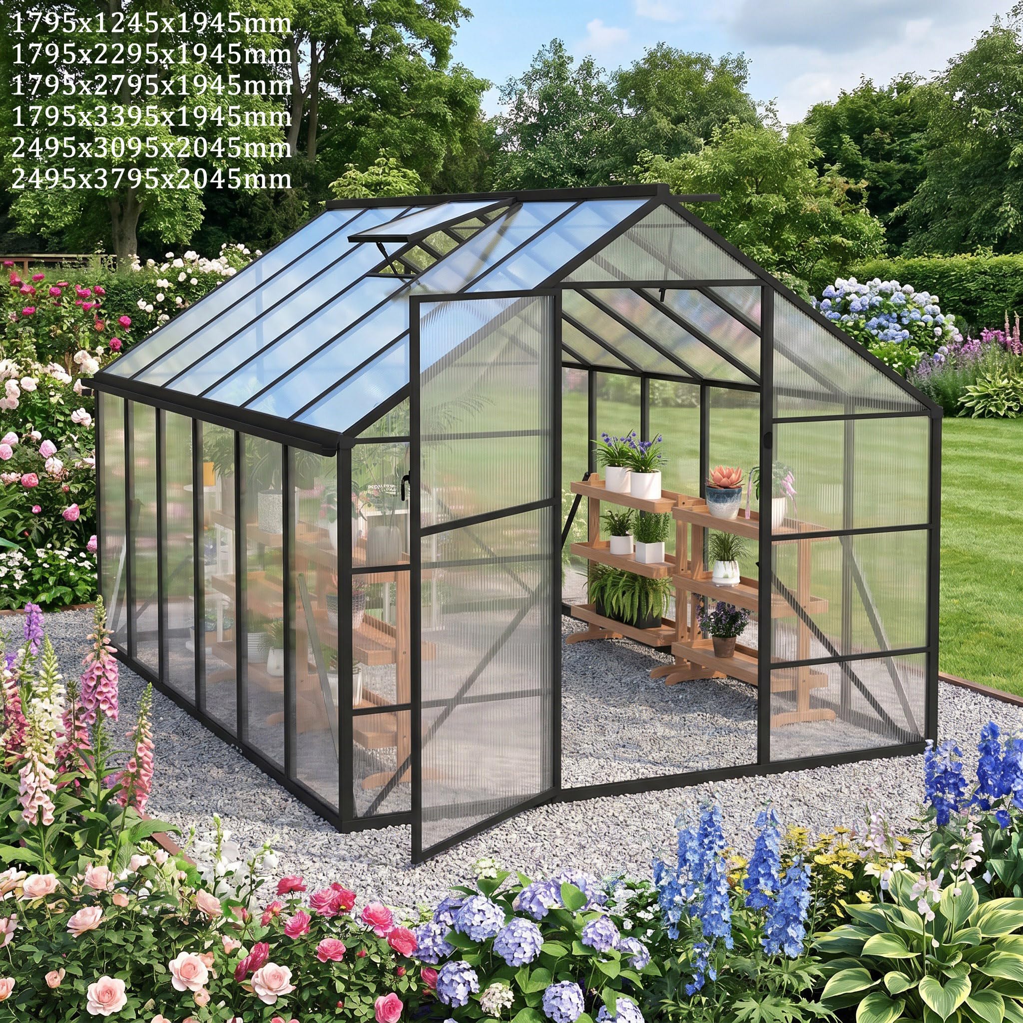 YRHome Aluminium Gewächshaus 249,5x379,5x204,5cm, 5.2mm Polycarbonat Hohlkammerplatten, Schwarz, Gartengewächshaus Wetterfest Winterfest Garten Treibhaus Gartengewächshaus Schwarz