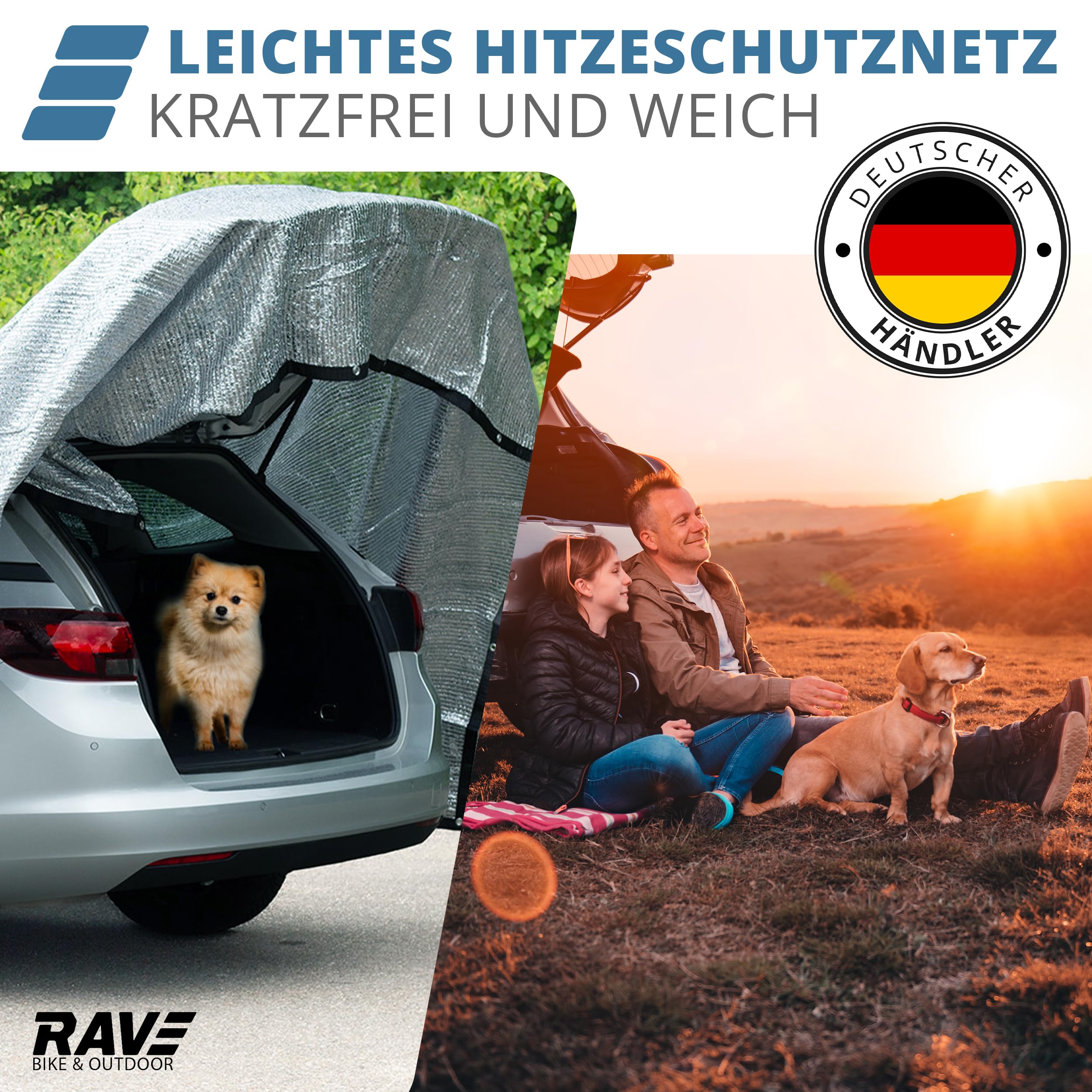 RAVE Aluminium-Schattennetz 6×4 m – Sonnenschutznetz für Auto & Hund – reflektierend, atmungsaktiv – Camping & Outdoor