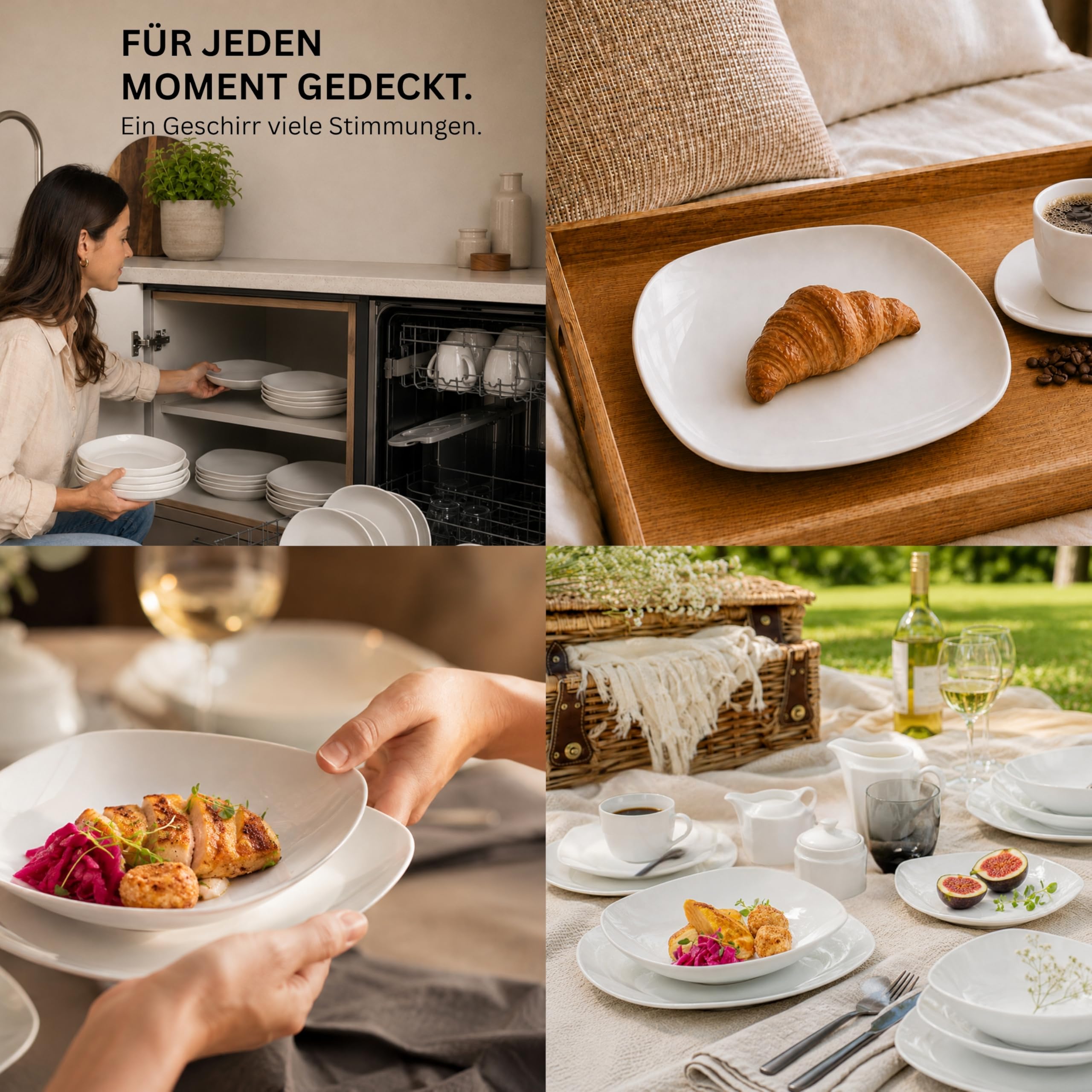 SÄNGER | Tafelservice Bilgola Weiß, 18-teiliges Geschirrset für 6 Personen mit Suppen-, Dessert-, & flachen Tellern aus Porzellan | PREMIUM COLLECTION
