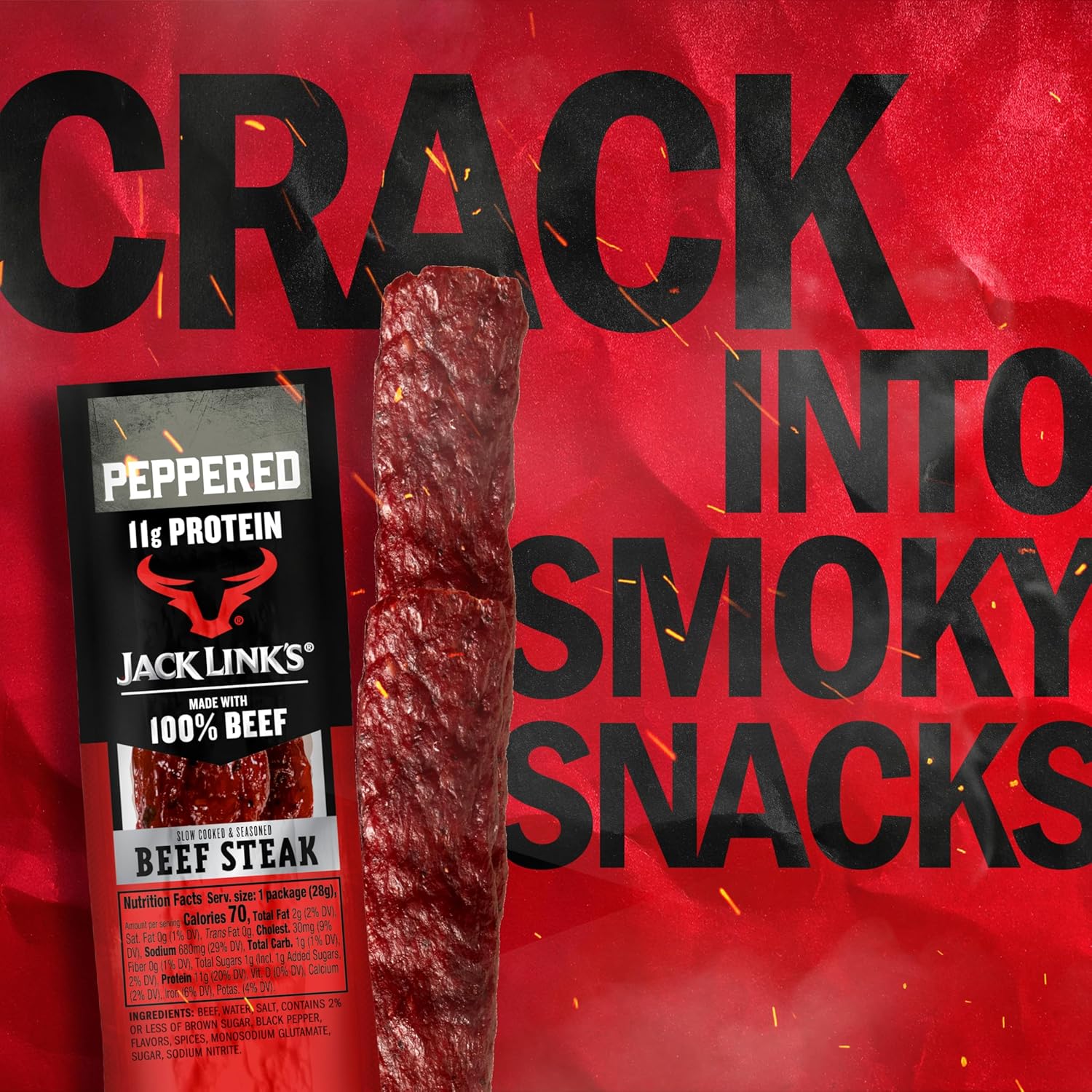 Jack Link's Beef Steak, Peppered - Protein Snacks, Meat Snack with 11g of Protein, Made with 100% Beef, Individually Wrapped Bulk Snack Pack, Keto Friendly - 1 Oz. (12 Count)