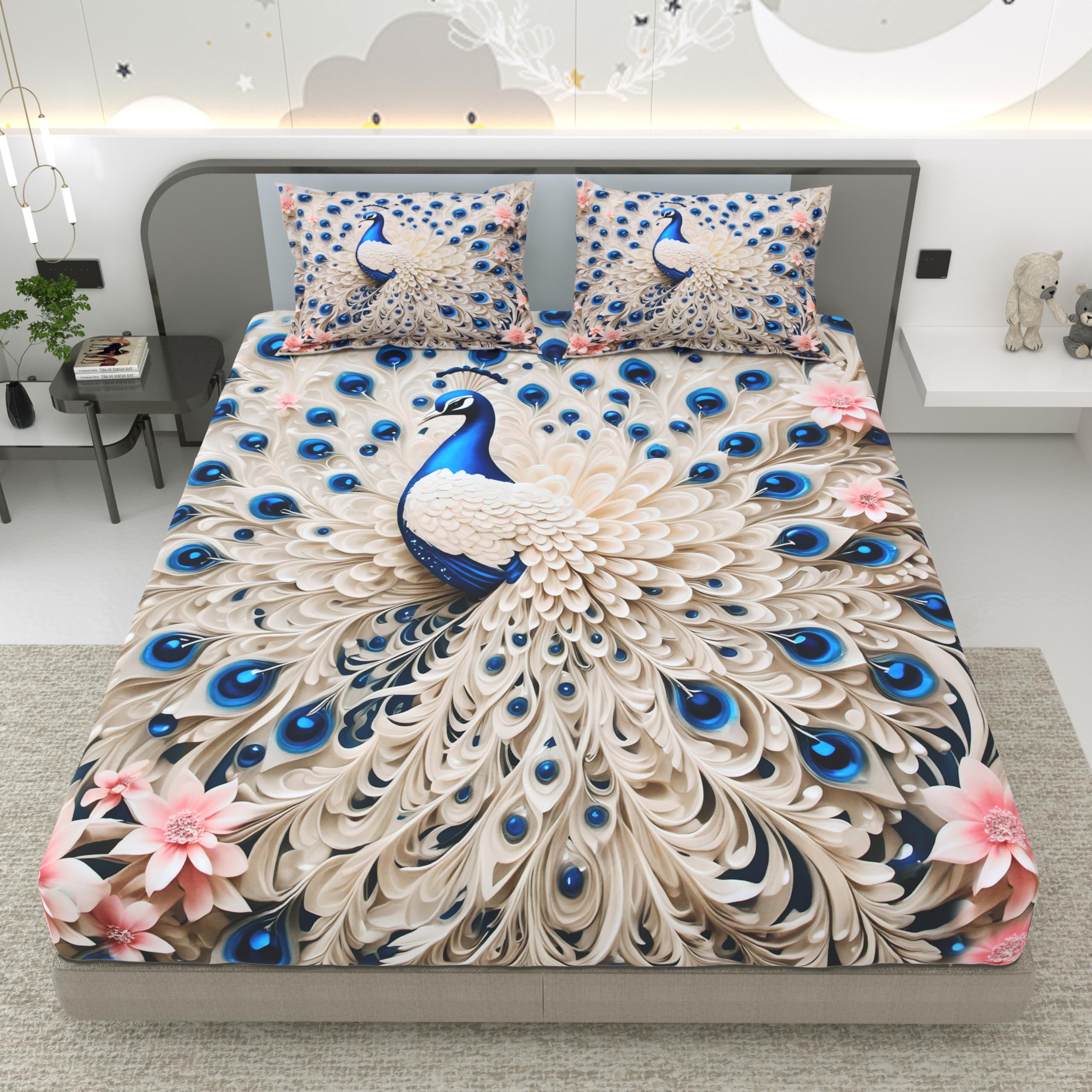 Dream Weaverz 7D Bedsheet for Double Bed King Size with 2 Pillow Covers | Digital Printed & Fitted Elastic for Kids | Soft Glaze Cotton Feel | Fits Upto 12 Inch Mattress (Peacock)-picture-36