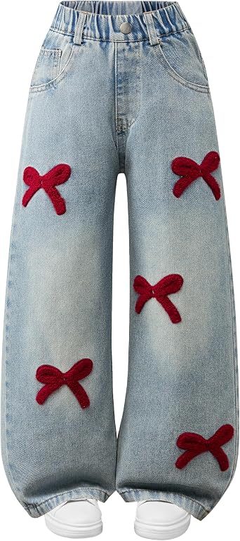 Kidinix Baggy Jeans for Girls Wide Leg Cute Bow Star Jeans Kids Elastic Wasited Denim Pants 5-14Y