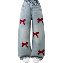 Kidinix Baggy Jeans for Girls Wide Leg Cute Bow Star Jeans Kids Elastic Wasited Denim Pants 5-14Y