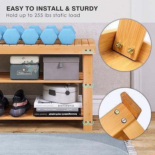 Miniatura 9 de SMIBUY Armario de almacenamiento para baño sobre el inodoro y banco de zapatos de bambú, organizador de gabinete de bambú de 2 puertas y organizador