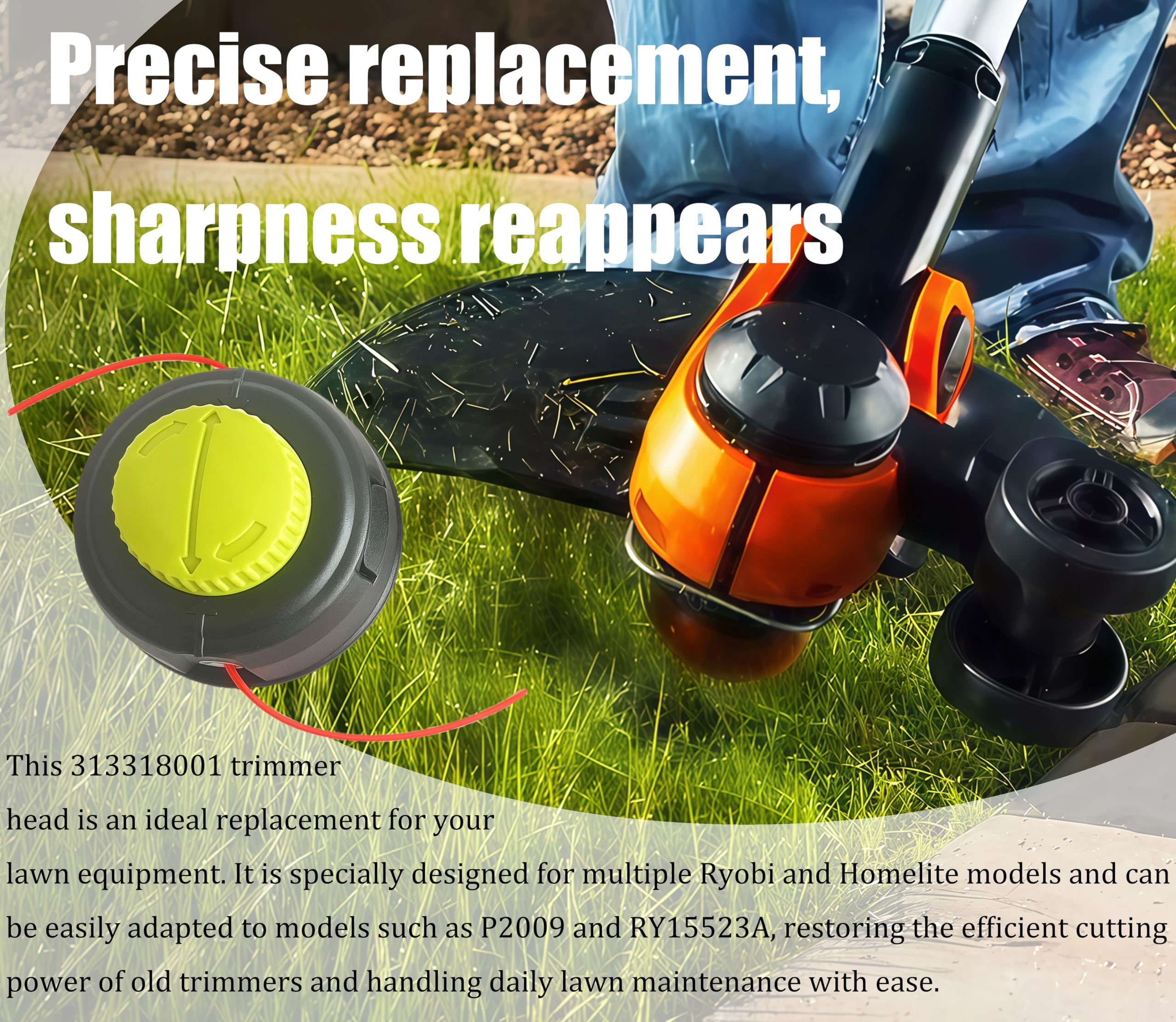 313318001 Testina trimmer (2+1+dado M8) compatibile con Homelite Ryobi P2009 RY15523A RY40006 RY15523A RY15523AVNM Numero pezzo di ricambio 311759013 311759008