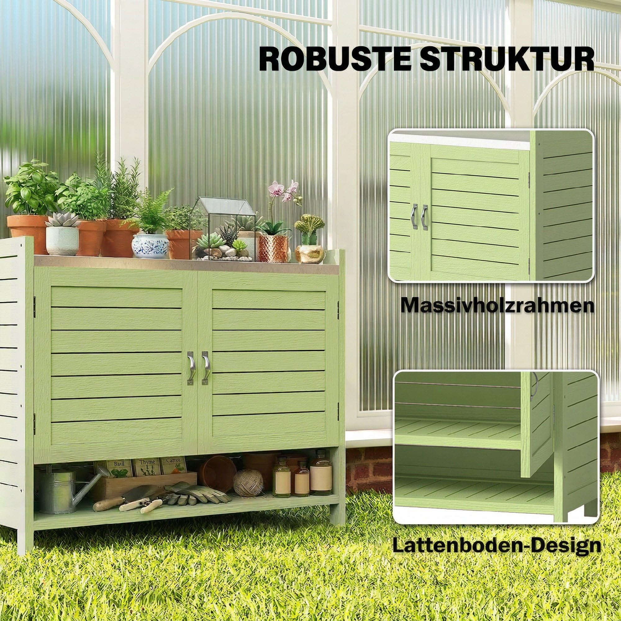 Outsunny Pflanztisch mit Unterschrank aus Holz Outdoor Gartenschrank mit verzinkter Arbeitsplatte 3 Regalböden Doppeltüren wetterfest Gärtnertisch für Garten Balkon Terrasse 88 x 40 x 70,5 cm, Grün