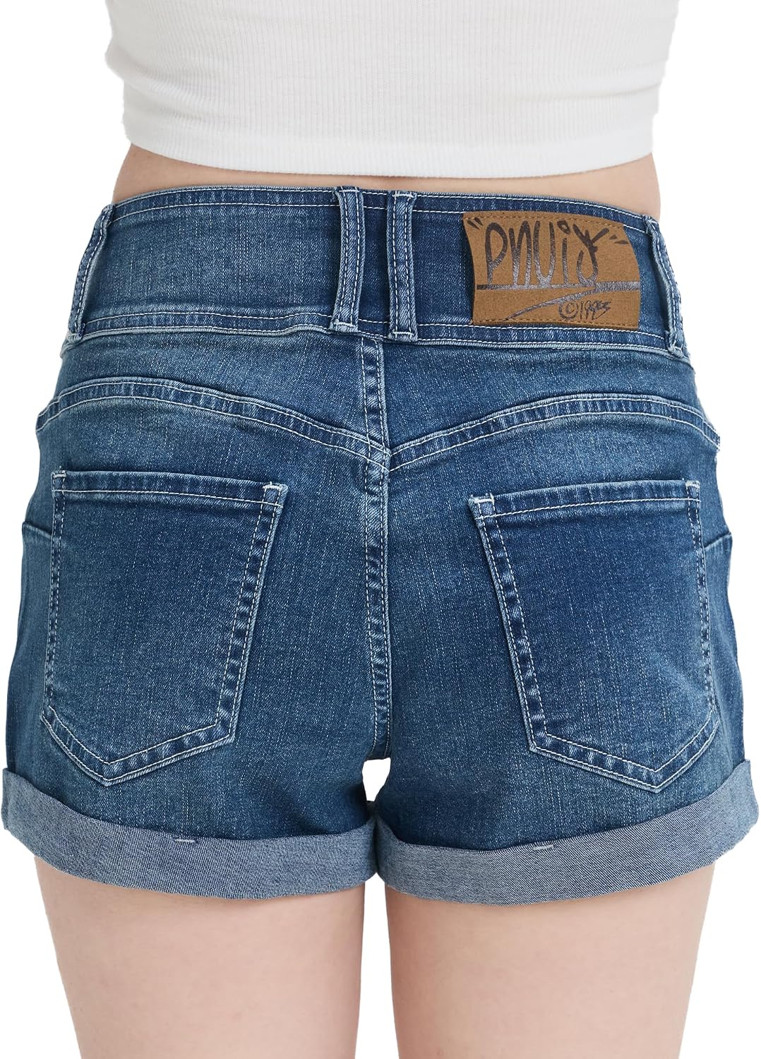 Women's High Waisted Cuffed Denim Shorts Triple Button Fly Vintage Wash Jean Shorts High Stretch