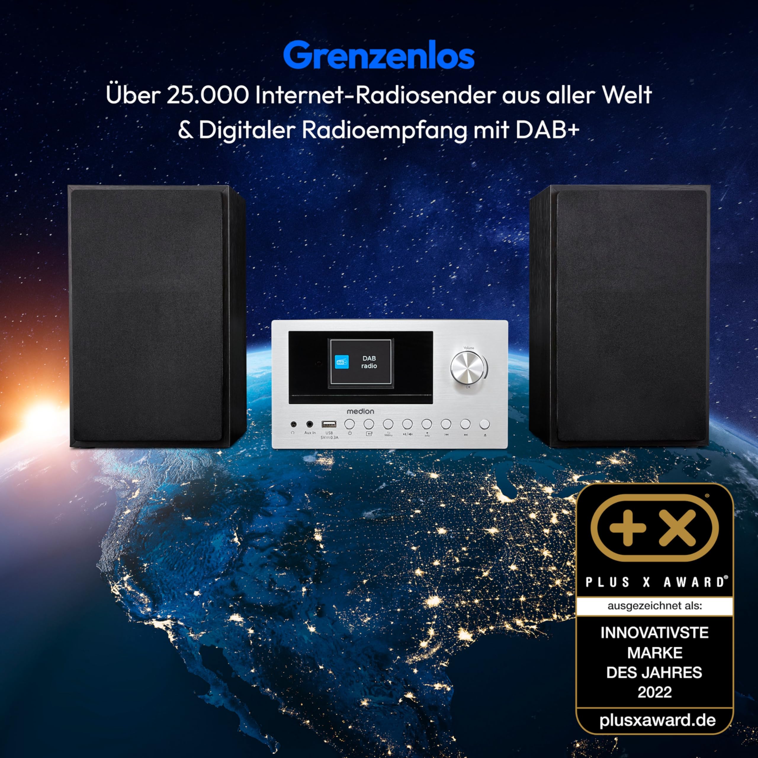 MEDION P85003 Micro Audio System Kompaktanlage (Internetradio, DAB+, PLL UKW Radio, Bluetooth, USB Anschluss, AUX, 2x150 W) Silber
