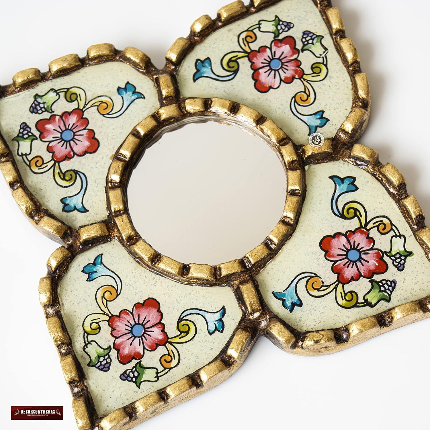 Small Peruvian Mirror, Handmade Artisan Mirror Wall Decor, Reverse Painted Glass Diamond Shape Mirrors 8.26" (Beige)