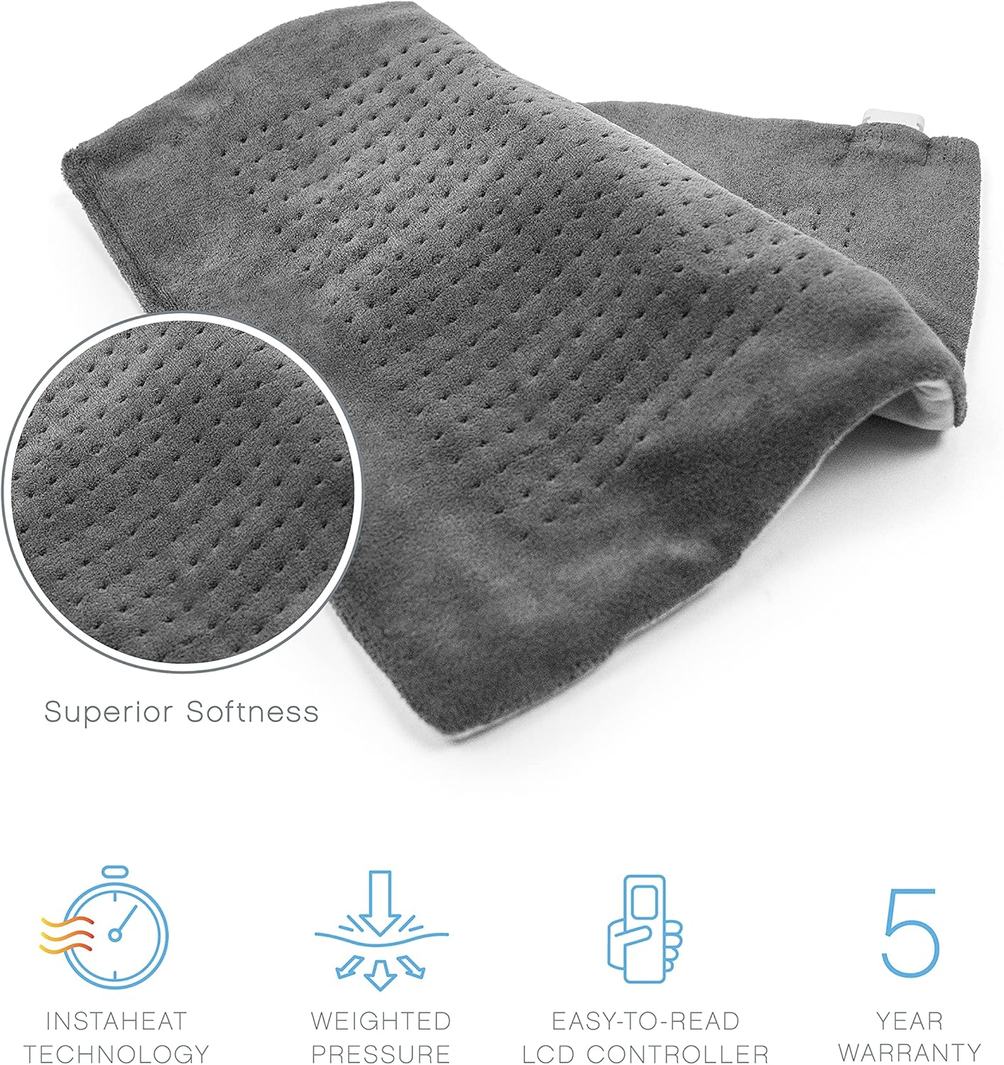 Pure Enrichment® PureRelief™ XXL (20" x 24") Electric Heating Pad for Back Pain and Cramps - 6 InstaHeat™ Settings, Machine Washable, Soft Microplush, 2-Hour Auto Shut-Off, & Storage Bag (Gray) : Health & Household