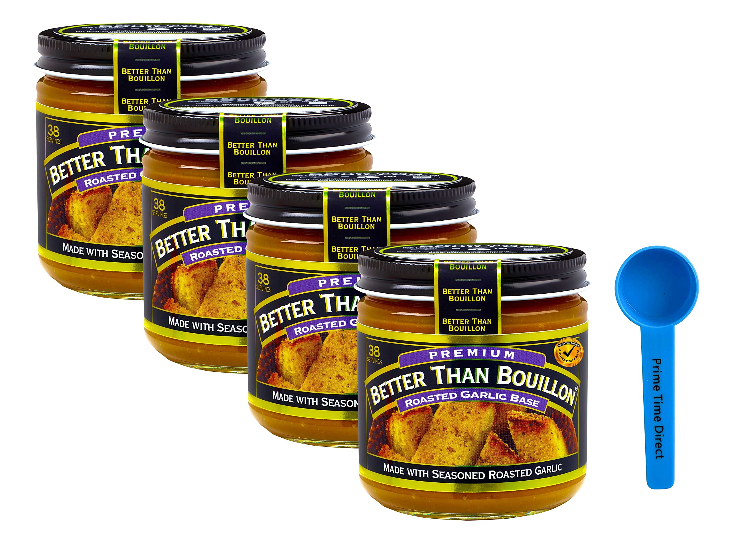 Better Than Bouillon Roasted Garlic Base 8 oz (Pack of 4) Bundle with PrimeTime Direct Teaspoon Scoop with BTB Authenticity Seal