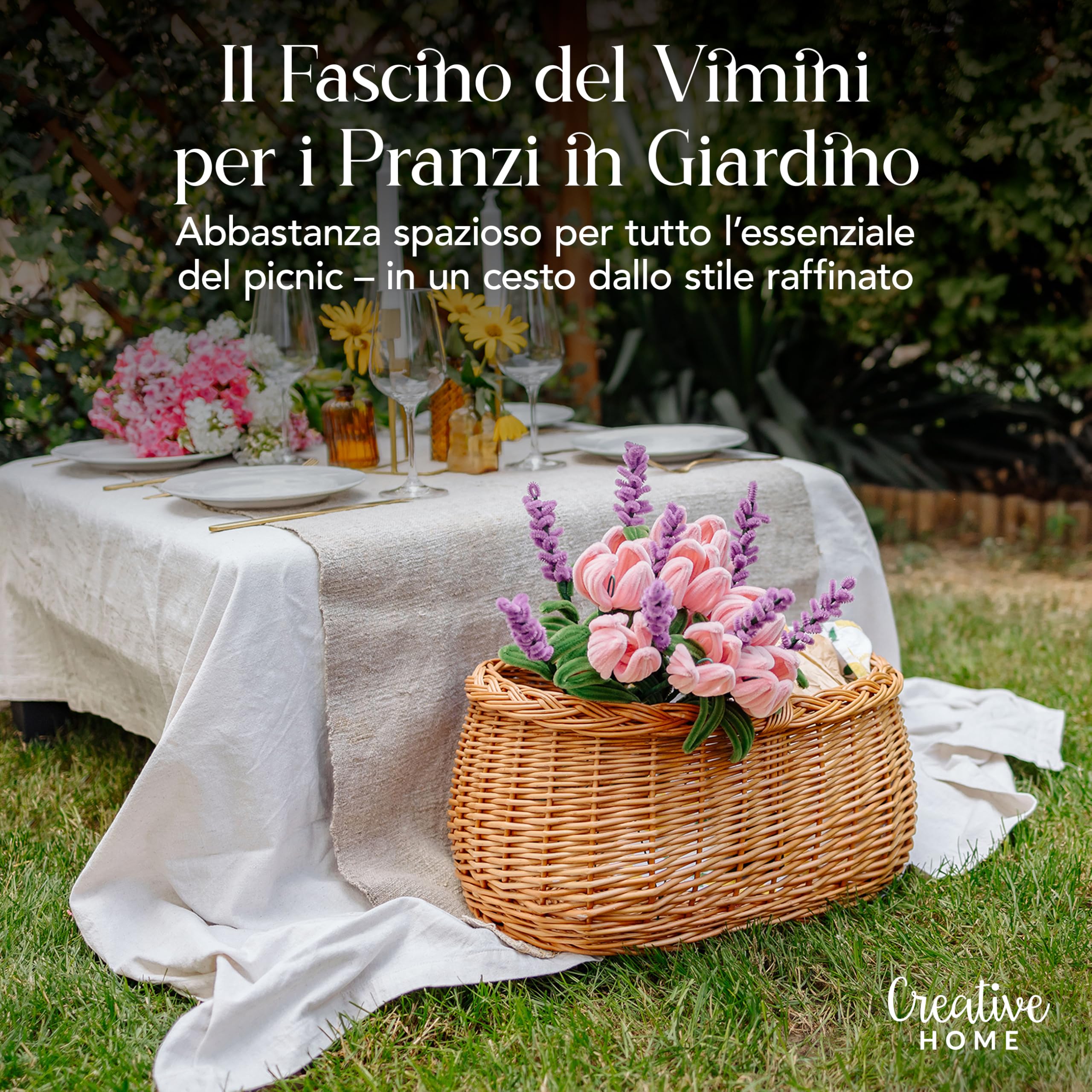 Creative Home Cestino in Vimini con Manico e Treccia | Cestino per Auto, Cesto Funghi Picnic | 45 x 32 x 34 cm (+/- 1 cm) | Intrecciato a Mano, Durevole | Salice Naturale Marrone Spesso | Multiuso