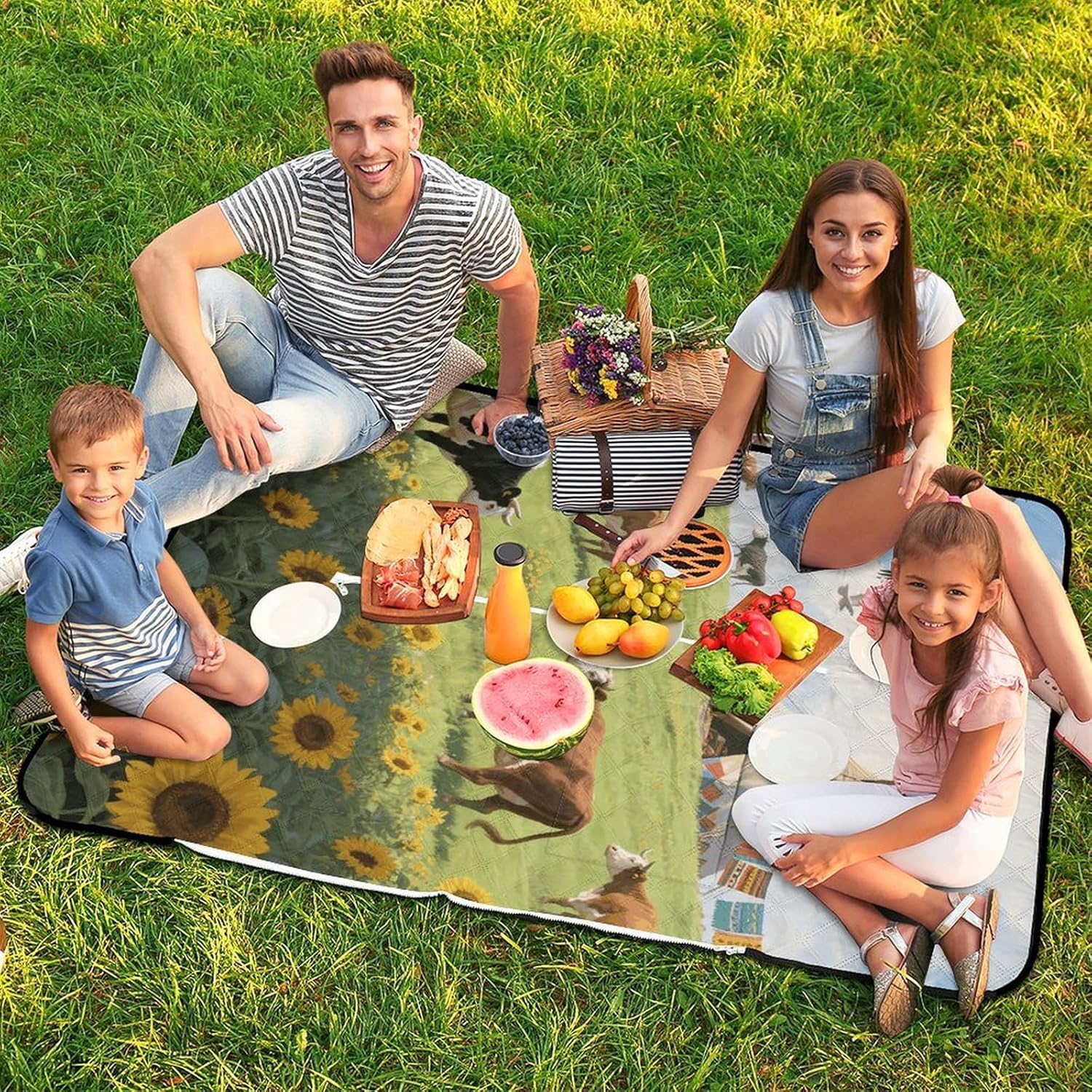Cow Sunflower Navajo Picnic Blanket 150x100cm, Foldable 2-in-1 Picnic Mat and Tote Bag Portable Waterproof Beach Mat Sandproof Outdoor Blanket for Park, Hiking, Beach, Camping, Travel