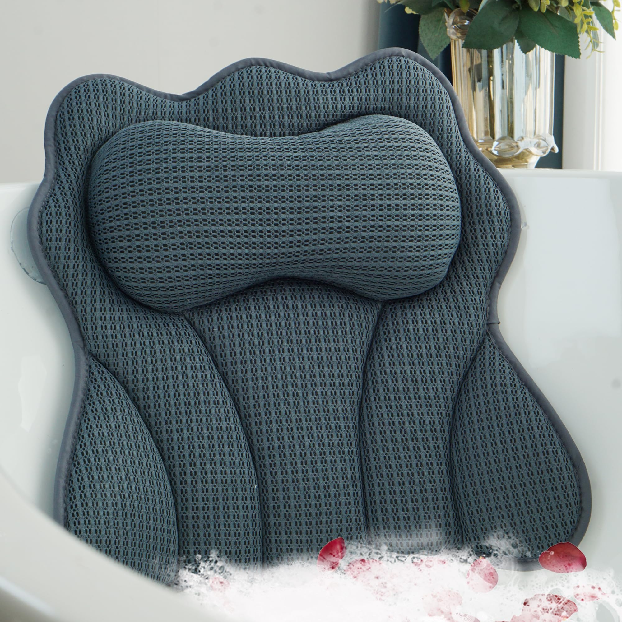 Joeyset Luxury Bath Pillow for Tub, Soft 5D Air Mesh Fabric for Comfort, Breathable & Quick-Drying Bathtub Cushion for Head, Neck, Back Support, Non-Slip Spa Pillow with Strong Suction Cups (Gray)