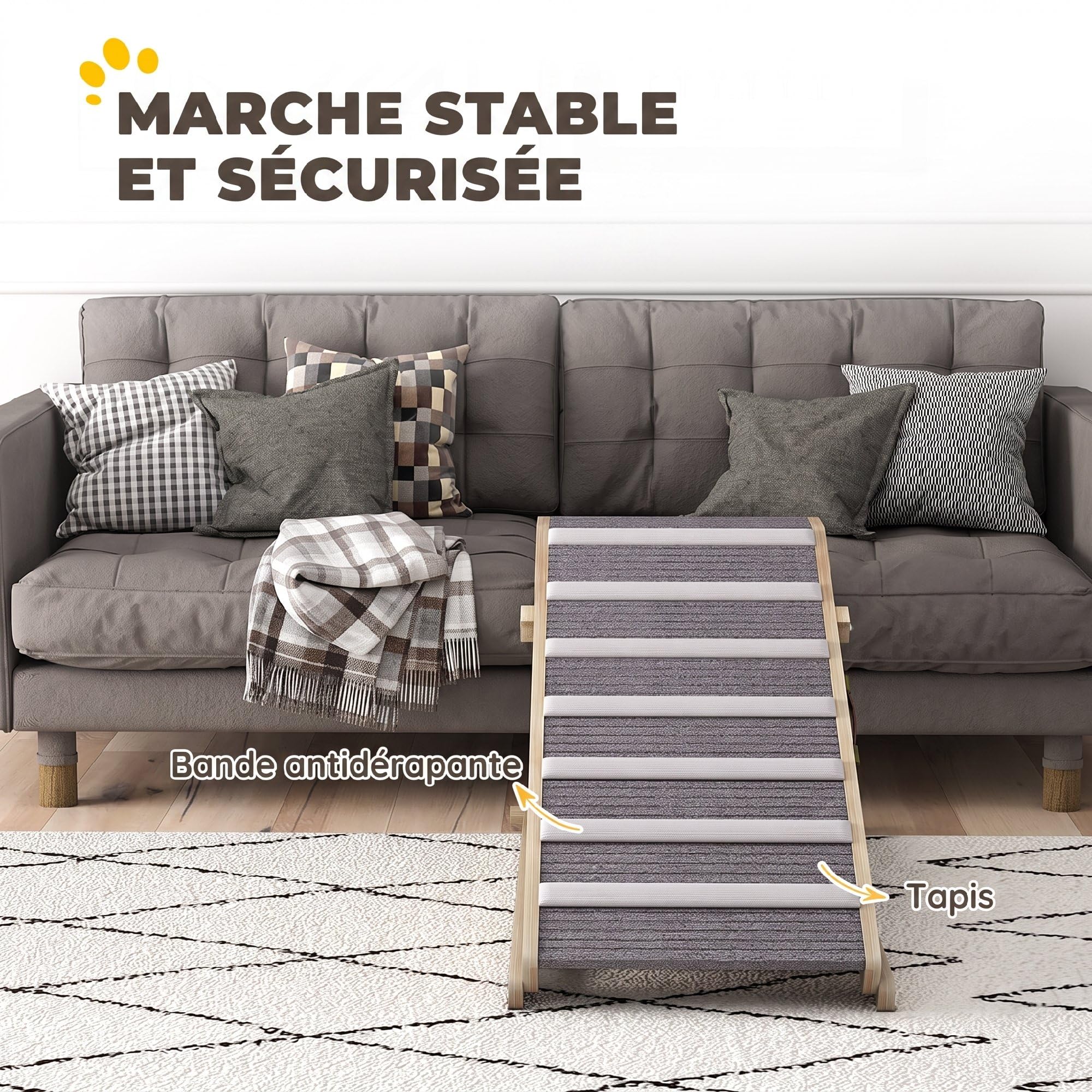 PawHut Rampe pour Chien en Bois 4 Hauteurs Réglables de 35-50 cm Naturel | Tapis Antidérapants, Rampe Pliable pour Animaux, pour Chiens et Chats de Petite à Grande Taille, pour Lit et Canapé