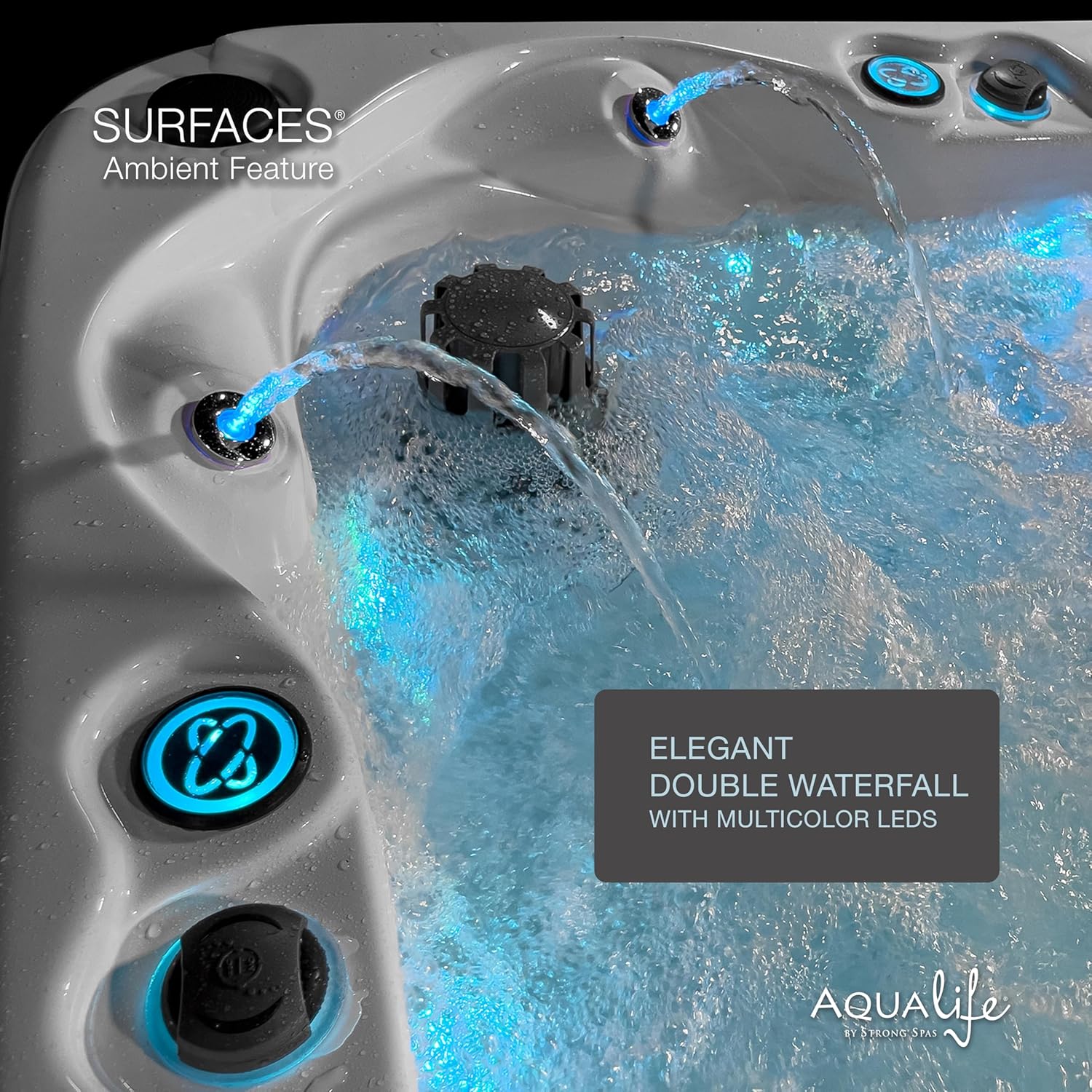 Surfaces Outdoor Hot Tub, Fits 4 Adults, 36 Jets, Double Lounger Seat Spa, Bluetooth, LED Lights, Cover Included, Wellness Tool, Aqualife by Strong Spas