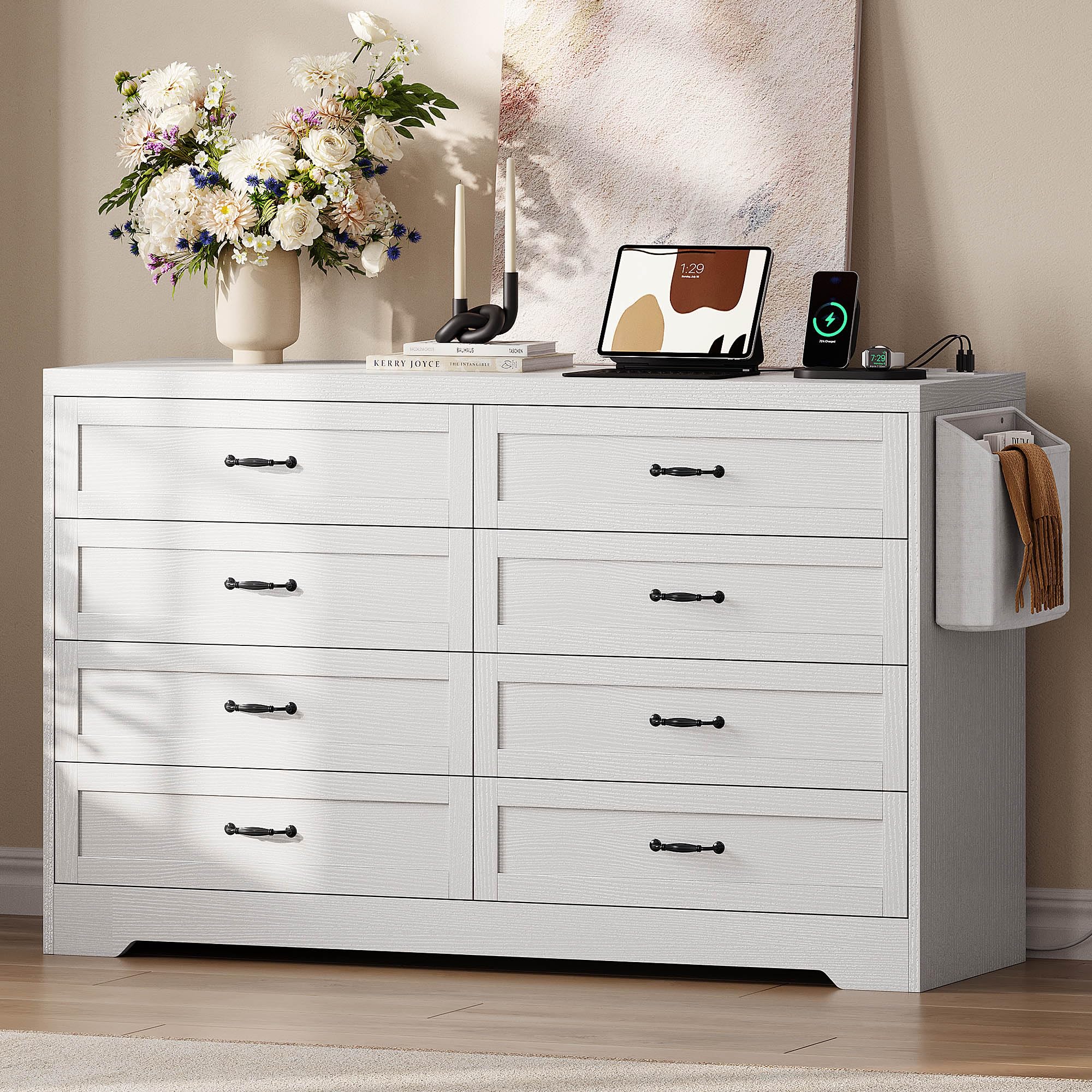 dwvo white 8 drawer dresser, 31.5" w large vintage double dresser chest of drawers with charging station and side organizer bag, wood storage dresser with retro metal handle for 300lbs for hallway