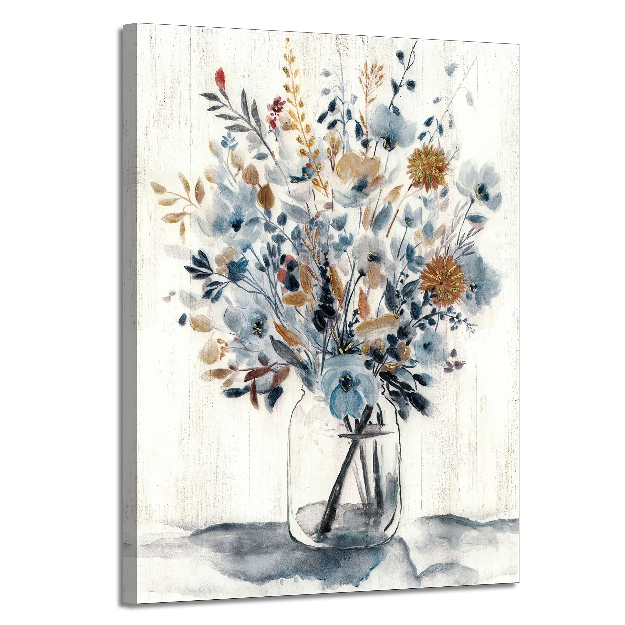 Abstract Flower Picture Wall Art - Bouquet Blossoms in Mason Jar Painting Rustic Blue Floral Print on Canvas Farmhouse Artwork for Modern Bedroom Living Room Office