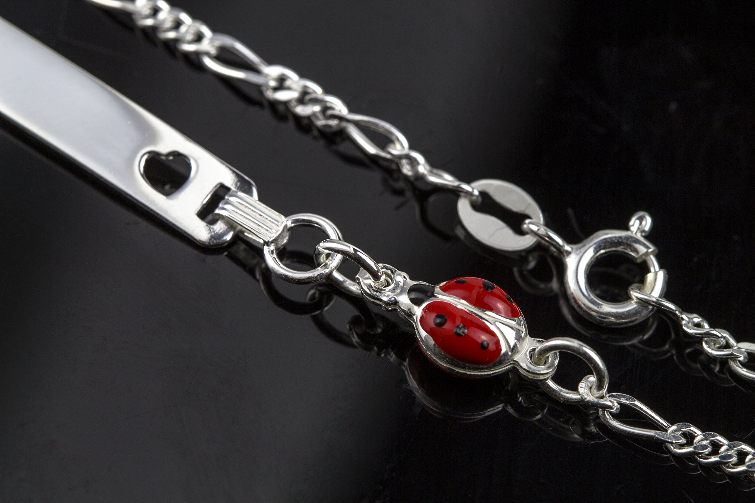 Aka Gioielli® - Pulsera Placa Identificativa con Nombre Plata de Ley 925 con Mariquita Esmaltada, Regalos Bautizo y Comunión para Niña y Bebé