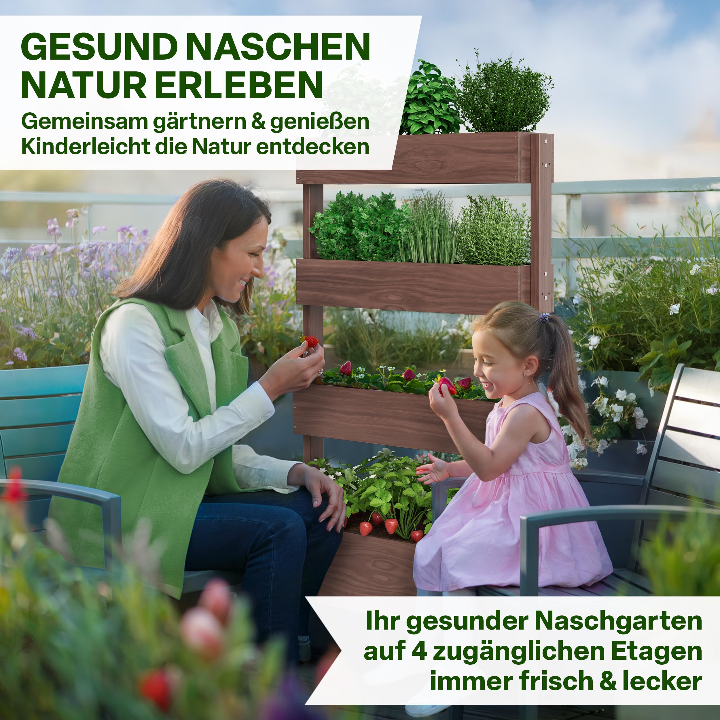 TTL GARDEN Vertikalbeet Verona 140x85x45cm 4 Etagen aus Tannenholz braun | - Vertikal Hochbeet & Kräuterhochbeet mit 4 Etagen & Folie wetterfest - Blumenkasten Kräutertreppe für Balkon Garten Terrasse