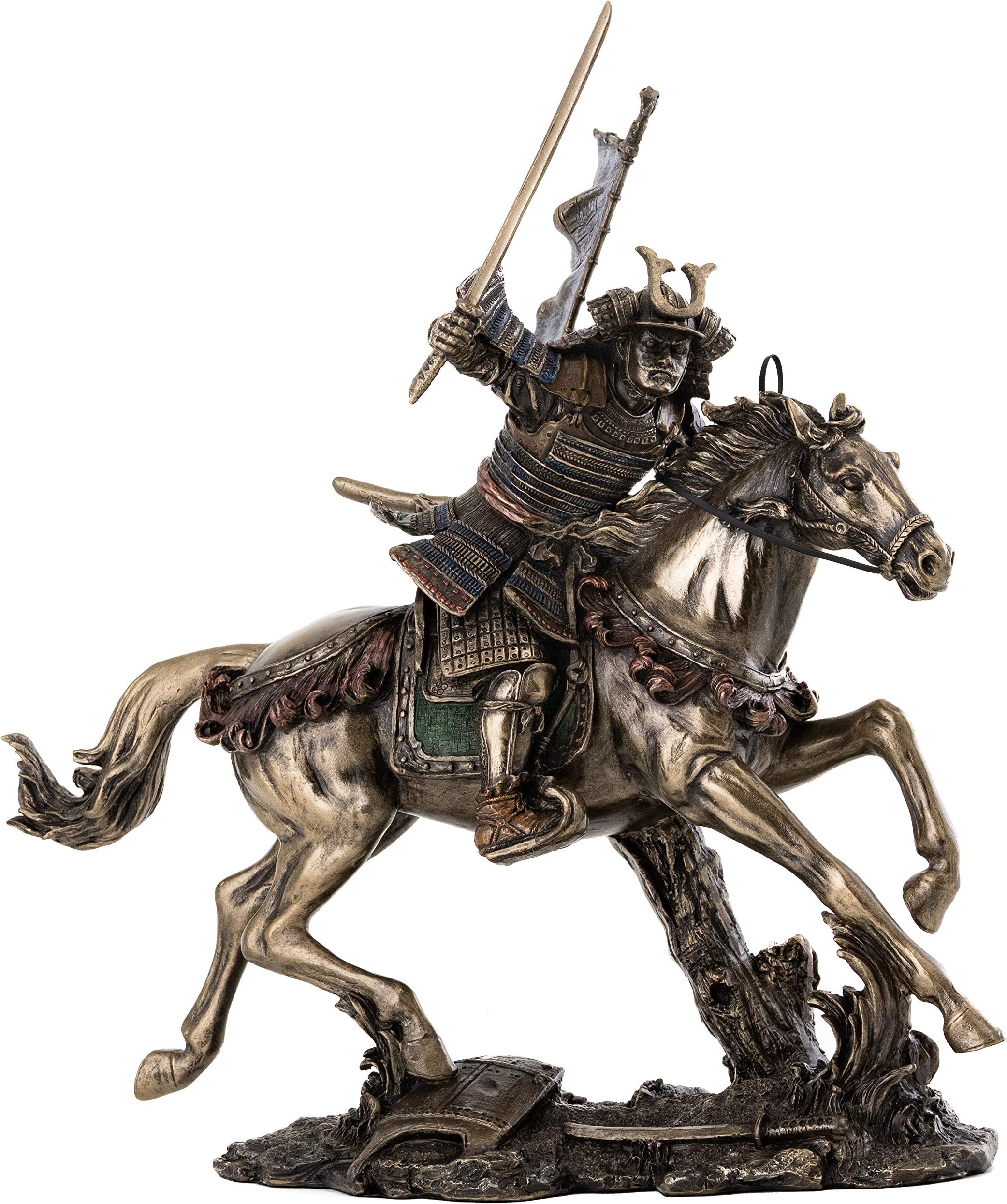 T-Trove Cold Cast Bronze Samurai Riding Horse with Hand Holding Knife Statue Figurine