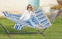 Vista 8 de Hamaca para 2 personas de 12 pies para exterior, hamaca doble de tela acolchada al aire libre con barra separadora, almohada grande removible