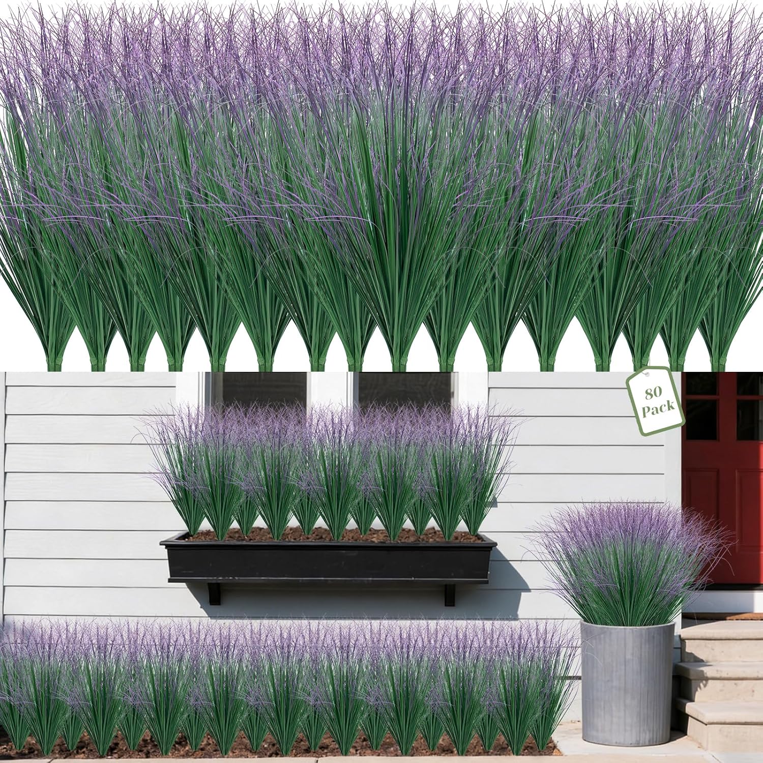80 Bundles Fake Grass Plants Artificial Plants Outdoor Faux Plants Tall Shrubs Wheat Grass Greenery Stems UV Resistant Onion Grss For Outside Planters Indoor Room Vase Home Decor（Green Purple Tail）