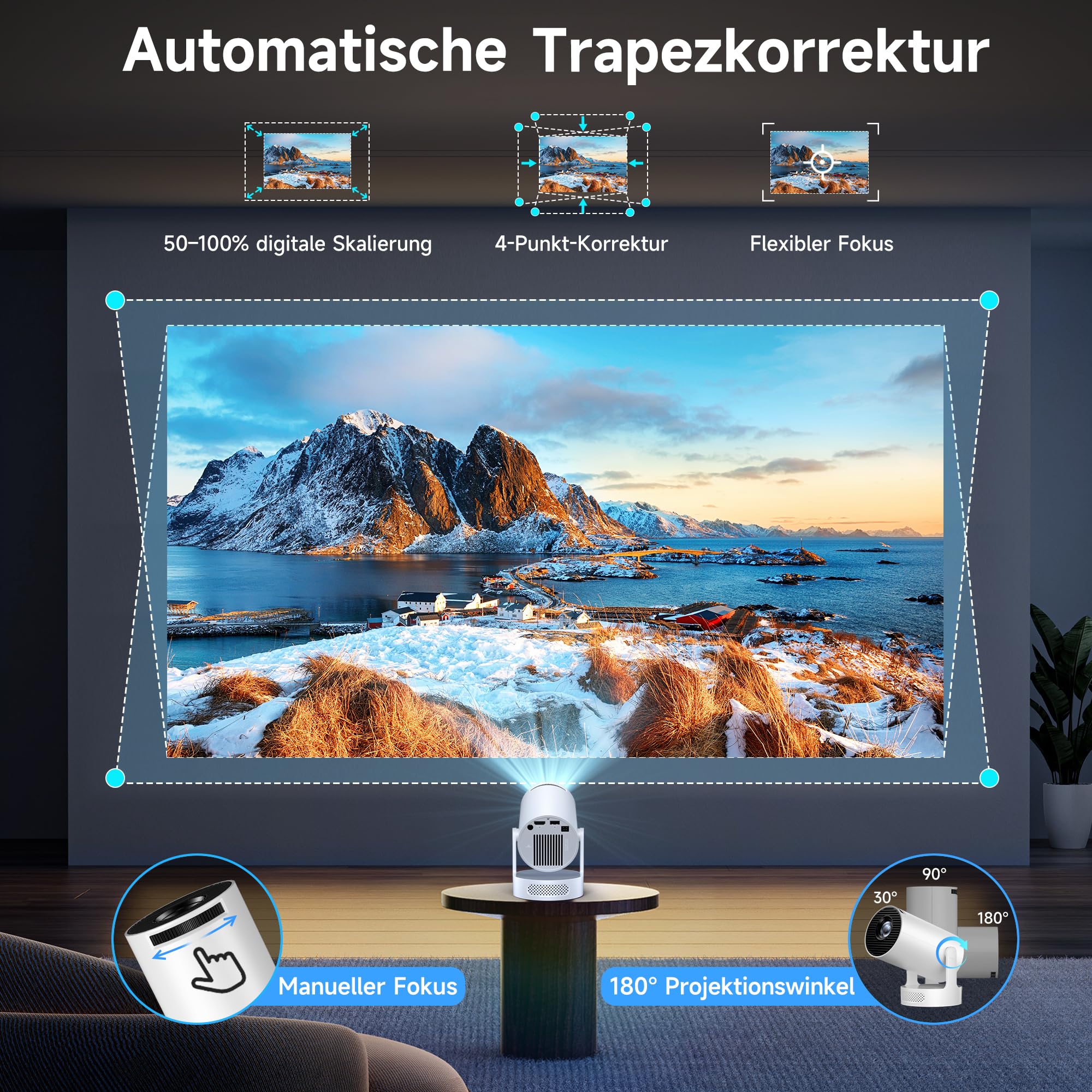 Mini Beamer, Philoent Smart Projektor 4K/1080P Unterstützt Neueste Apps WiFi 6 Bluetooth 5.4 Auto Screen Trapezkorrektur Niedriges Rauschen, Ultrakurzdistanzbeamer bietet großes Bild im kleinen Raum