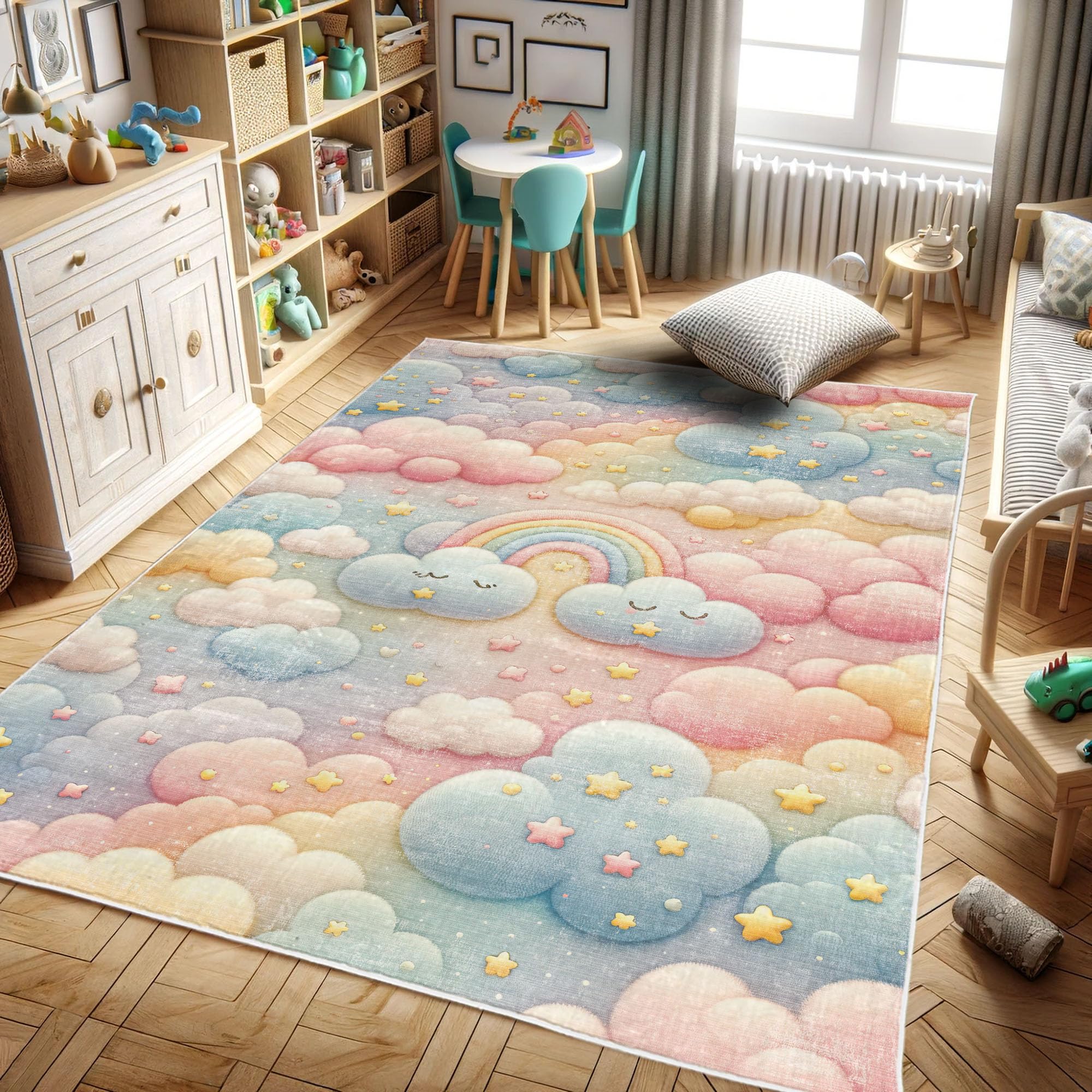 Ambesonne Cartoon Sky Decorative Rug, Dreamy Colors Celestial Atmosphere with Starry Kawaii Clouds Rainbow, Quality Carpet for Bedroom Dorm and Living Room, 4' X 5' 5