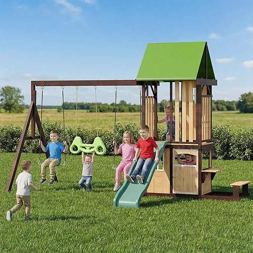Wooden Swing Set with Wave Slide, Clubhouse, Playhouse, Snack Bar Window, Picnic Table and Chair, 2 Belt Swings, Trapeze, Full Front Door, Windows, Step Ladder, for Backyard