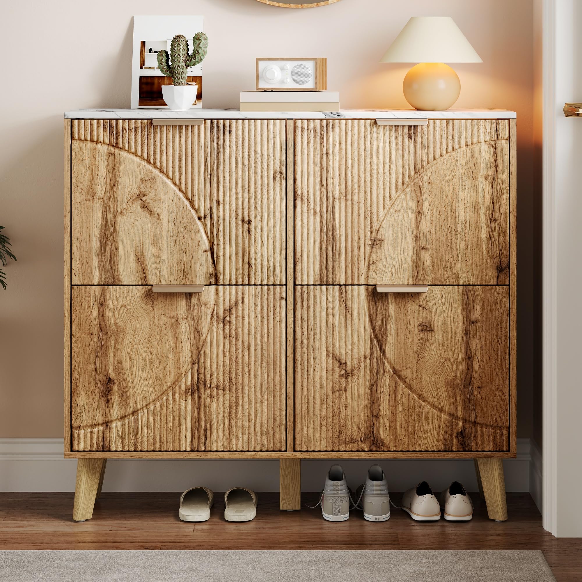Scarpiera con coperchio incernierato effetto legno, 105 x 24 x 95,5 cm, quattro ante, piano di lavoro effetto marmo, pannelli porta in rilievo 3D, gambe coniche in legno massello, armadietto