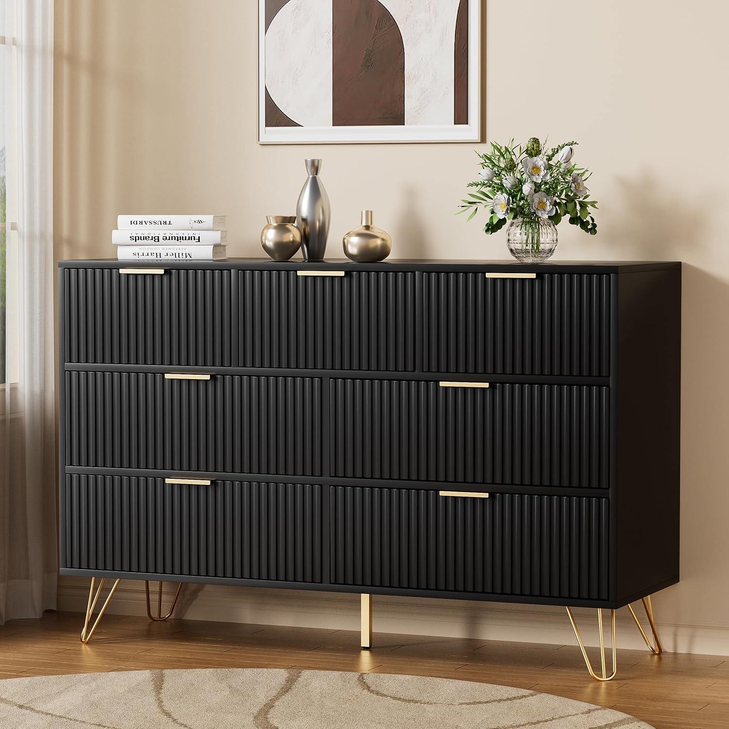 Dresser for Bedroom, Fluted Modern Dresser with Gold Pulls and 7 Drawers, 15.7" D x 47.2" W x 31.4" H, Black