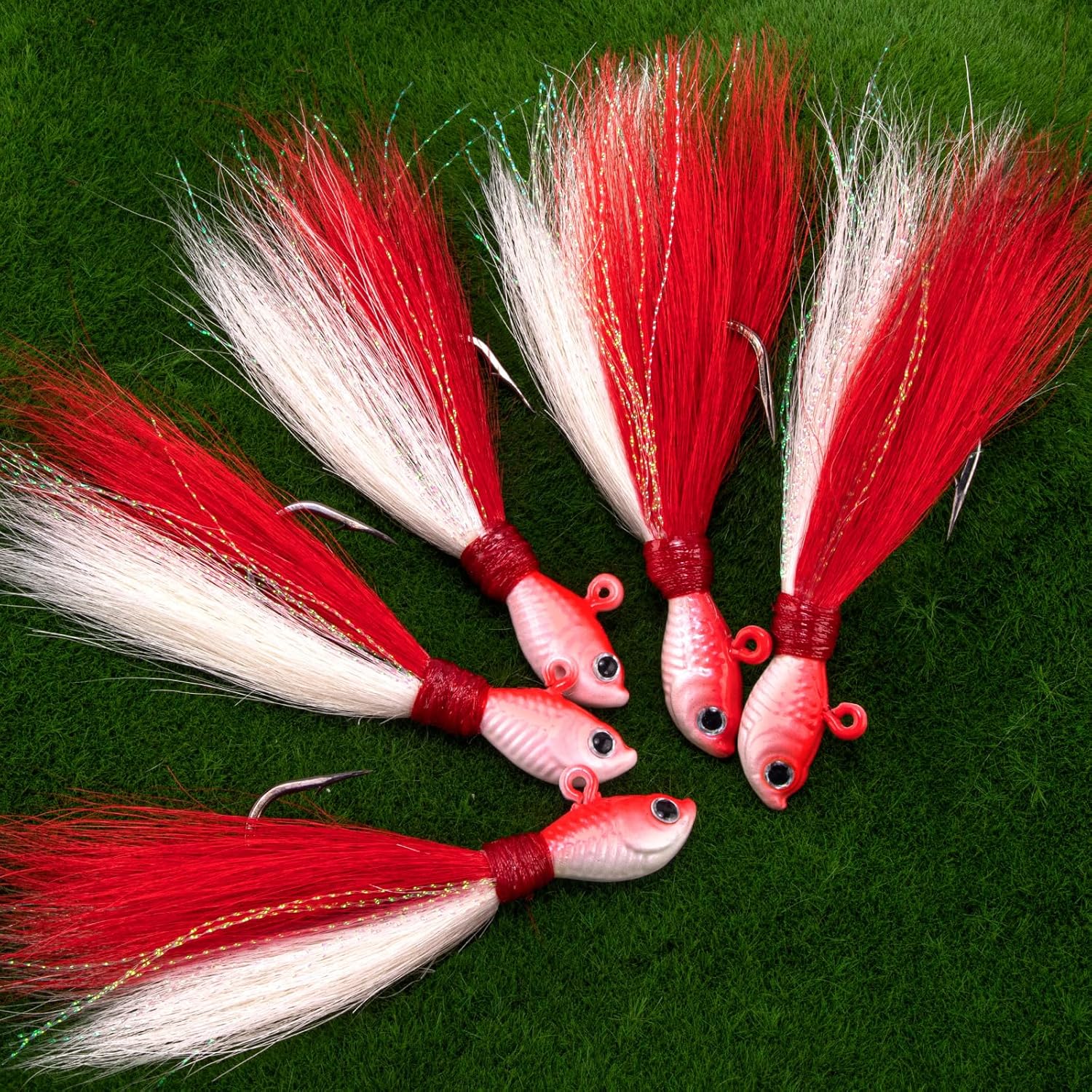 Alwonder 5-Pack Bucktail Jigs Hair Jigs Saltwater Freshwater Fishing Bucktail Lures Surf Fishing Jig Heads White Luminous Chartreuse Swimbait Jig for Bass Flounder Striper Bluefish Halibut Redfish
