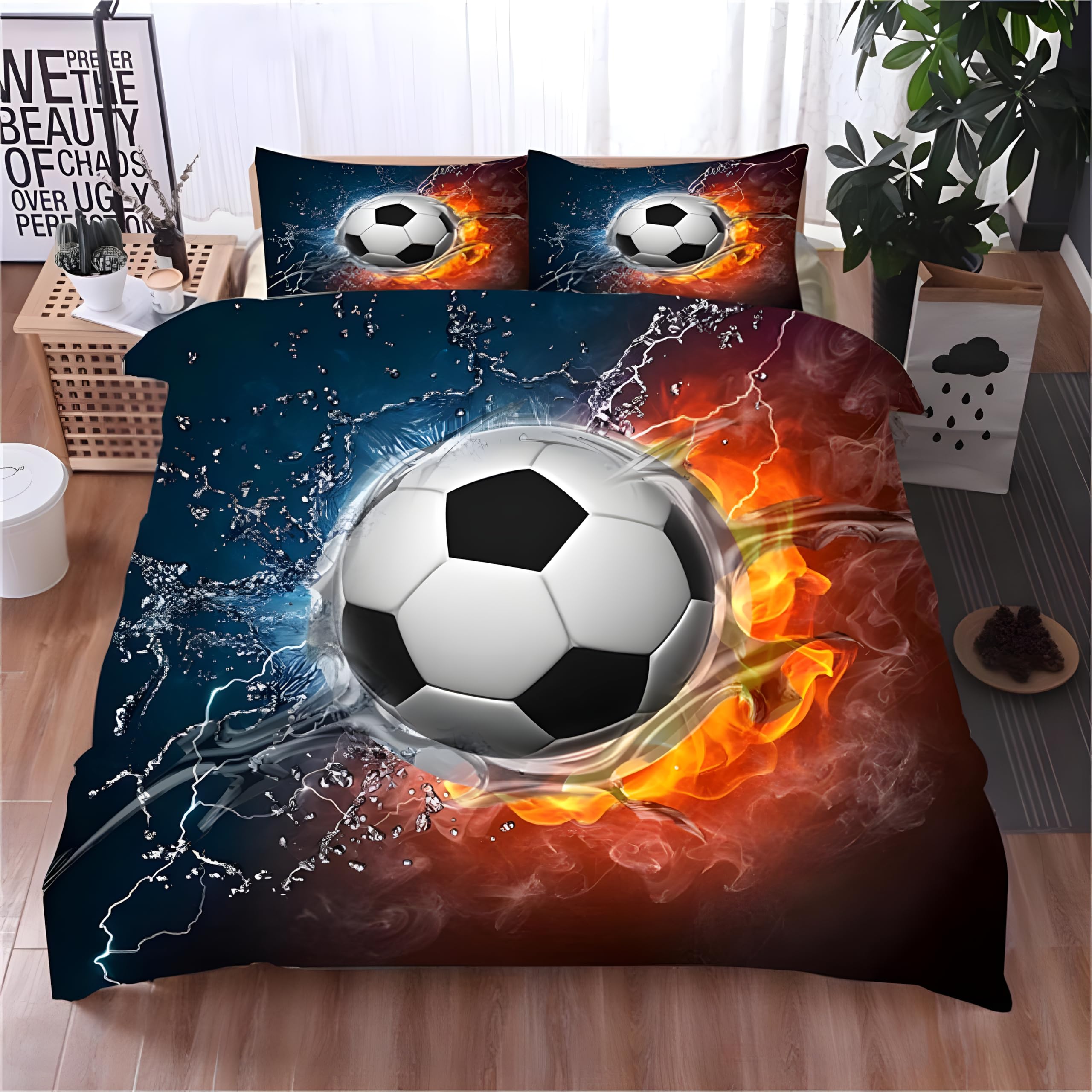 Boys' Football Duvet Cover King Size, Soft Reversible Quilt Cover with 3d Flame Pattern, King Size Bedding Sets Microfibre with Zipper Closure, Comforter Cover and 2 Pillowcases, 230x220 cm, Z16